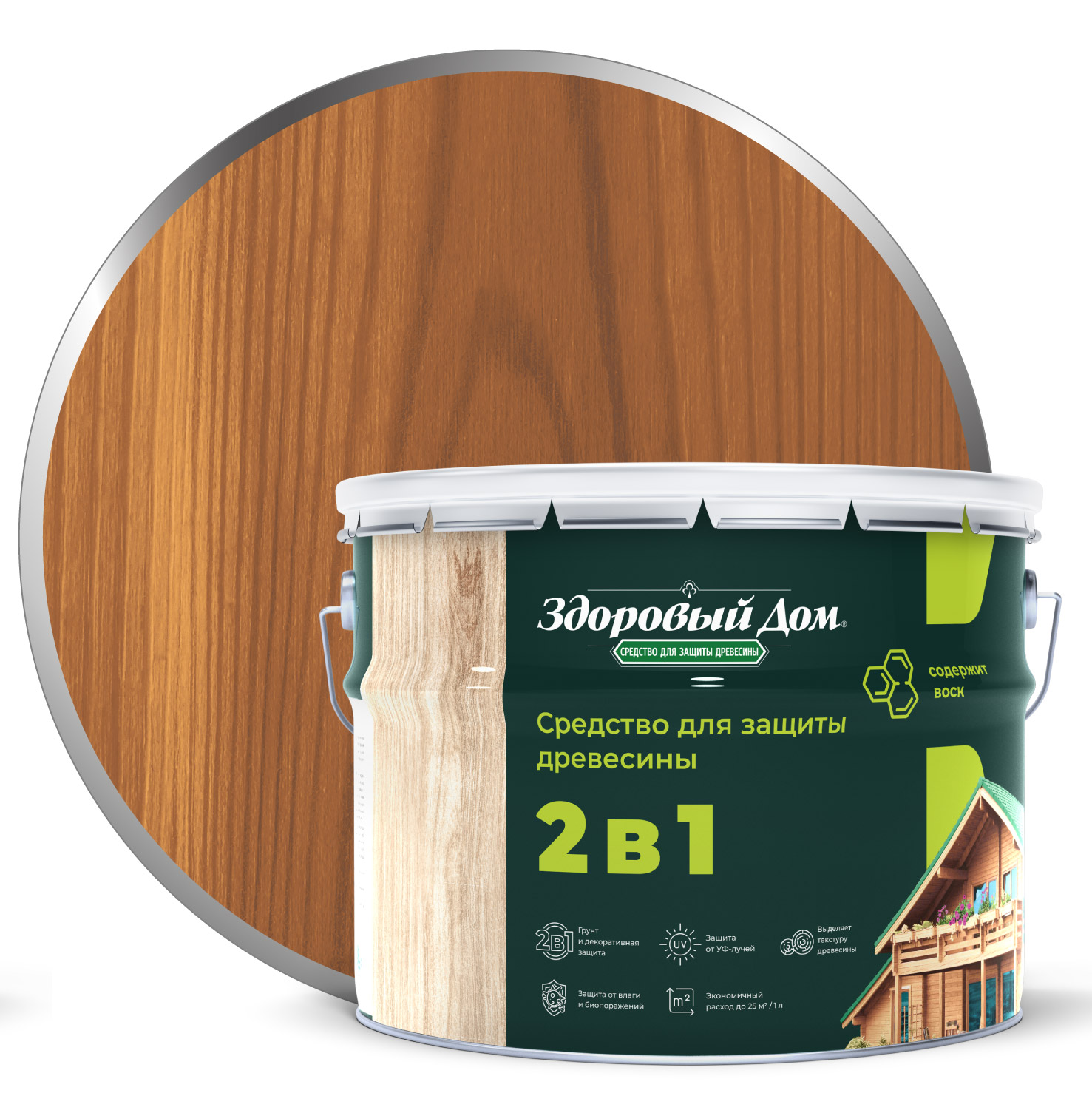 Изображение товара Антисептик Здоровый Дом 2в1 Орех 9л для защиты древесины внутренних и наружных поверхностей