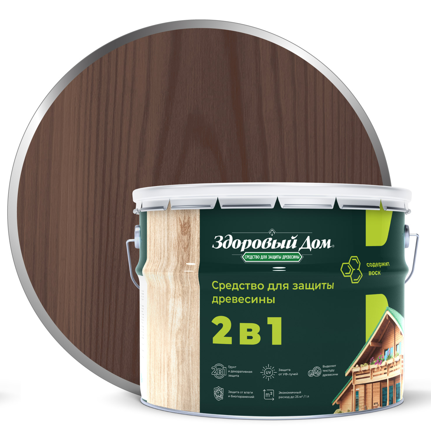 Изображение товара Антисептик Здоровый Дом 2в1 Палисандр 9л для защиты дерева внутрь и снаружи