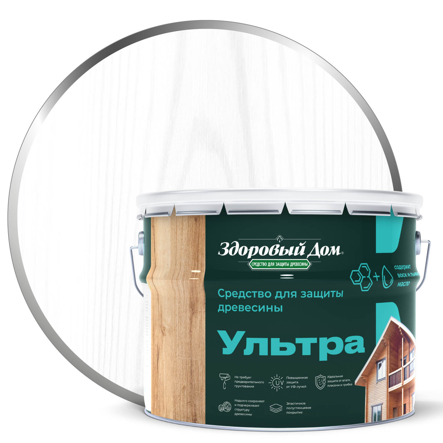 Изображение товара Антисептик Здоровый Дом Ультра Белый 9л для защиты и декора дерева