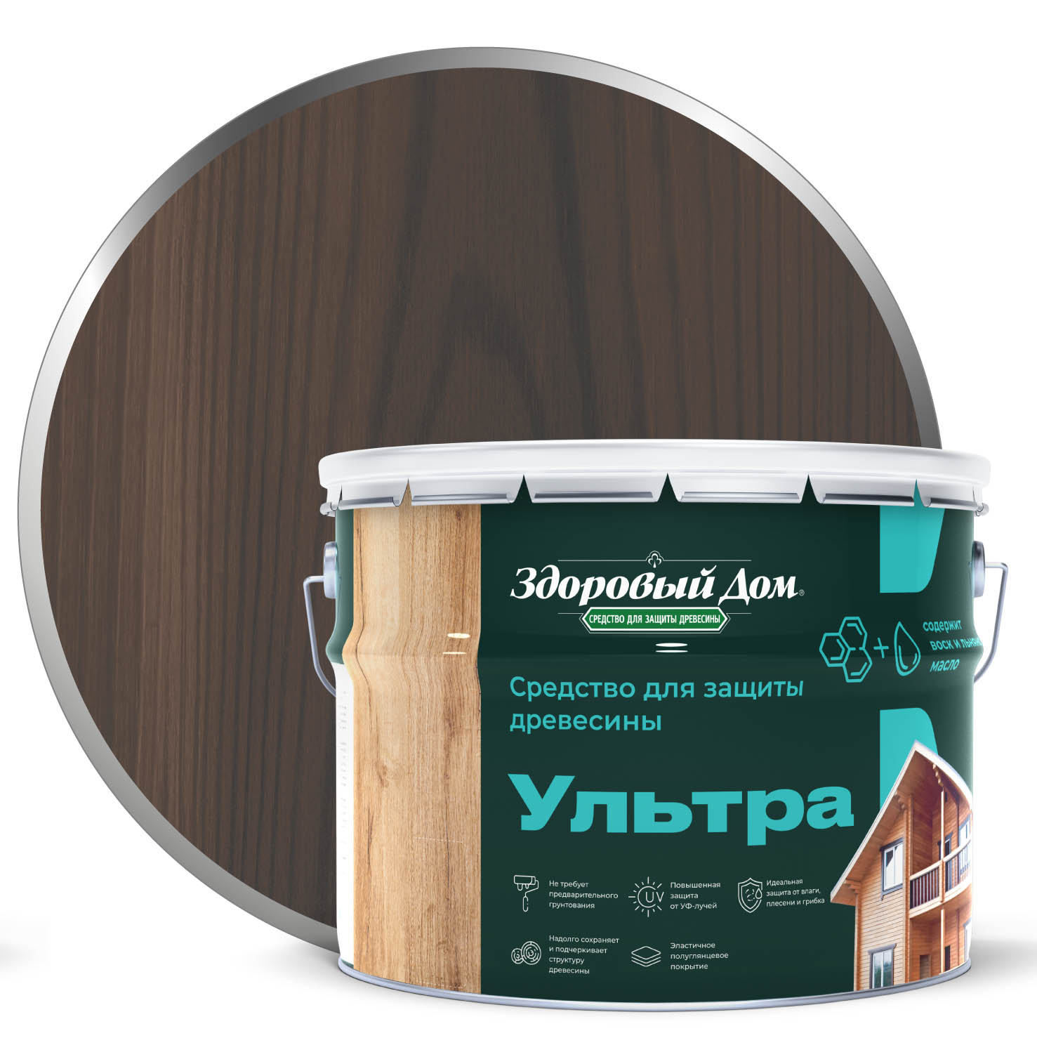 Изображение товара Антисептик для древесины Здоровый Дом Ультра Орех 9л - защитное и декоративное средство