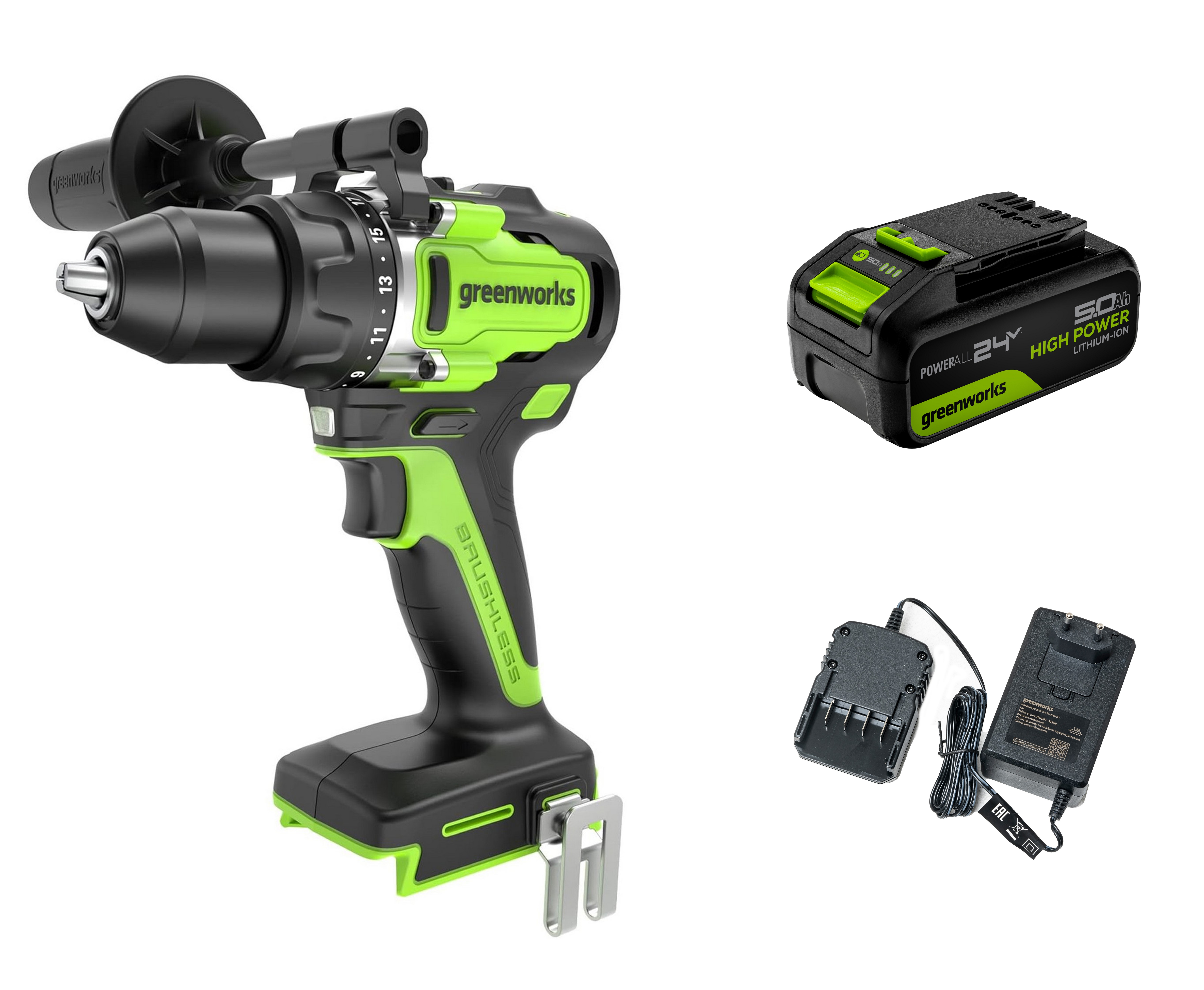 Изображение товара Аккумуляторная дрель-шуруповерт Greenworks GD24DD90 24V бесщёточная мощная