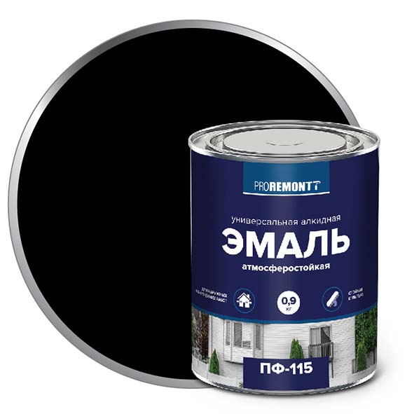 Изображение товара Эмаль ПФ-115 PROREMONTT Черный 0,9 кг для внутренних и наружных работ