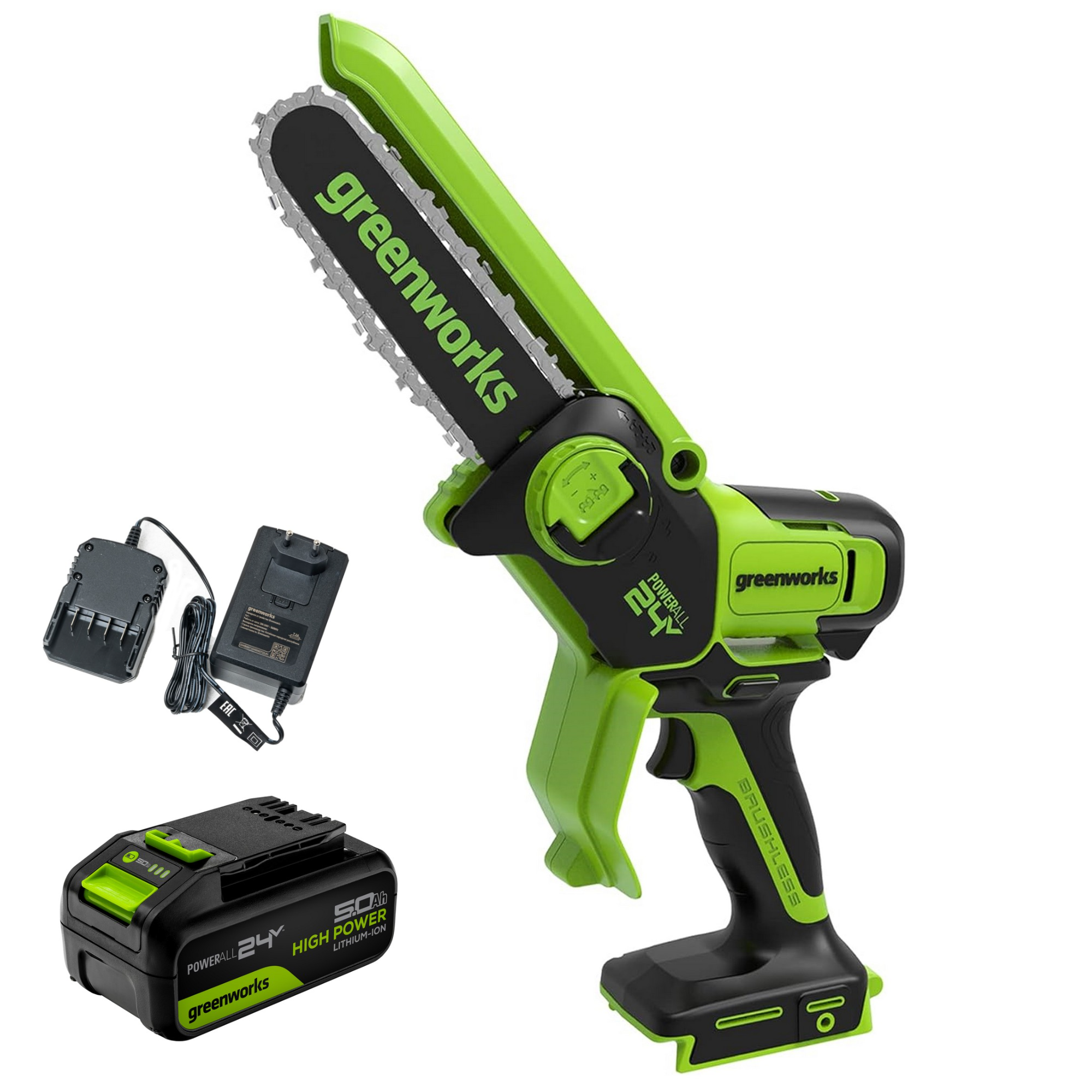 Изображение товара Аккумуляторная цепная пила Greenworks GD24CSMNX, 24В, 15см, гигантская мощность для дома и стройки