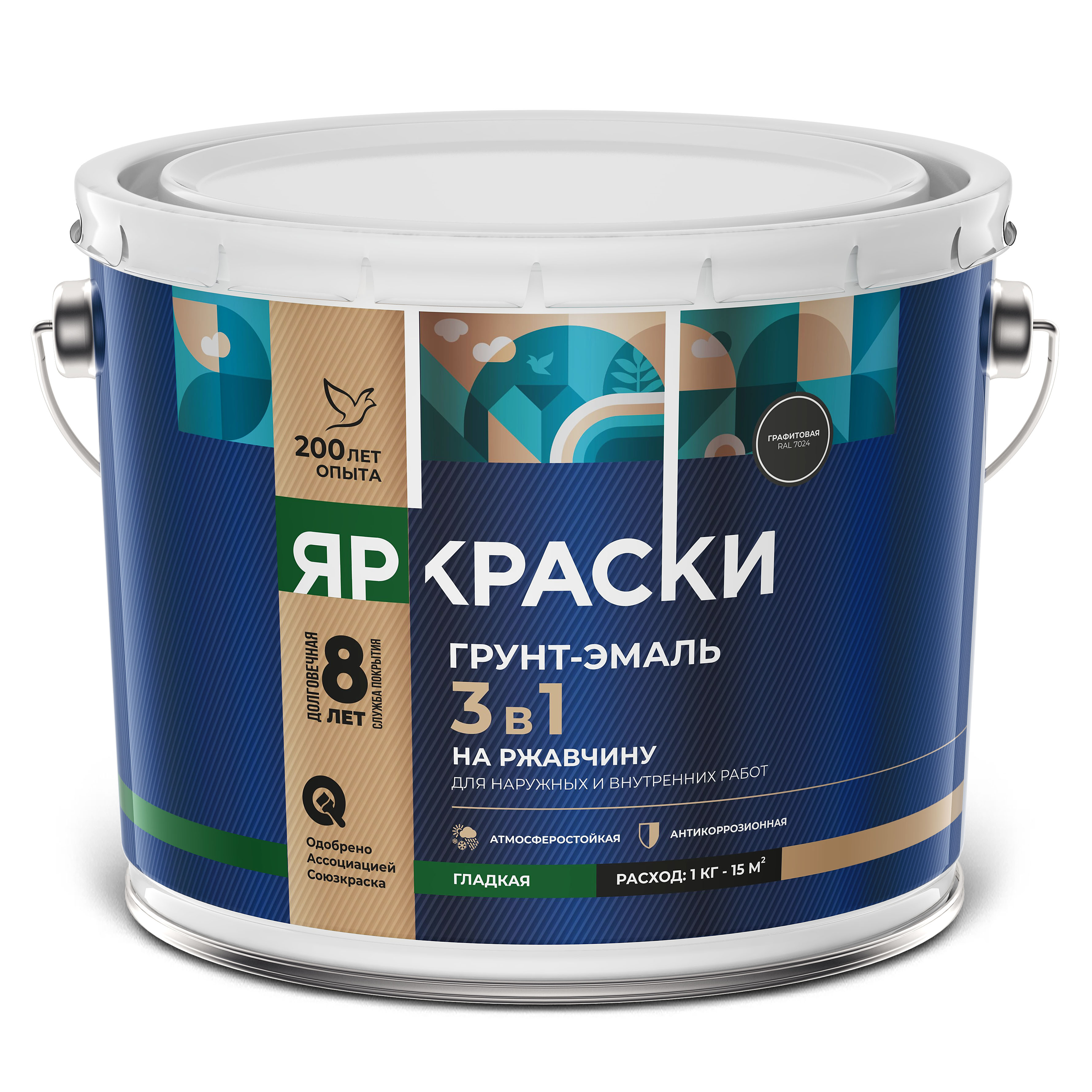 Изображение товара Грунт-эмаль ЯРКРАСКИ на ржавчину 3 в 1 графитовая RAL 7024 10 кг универсальная