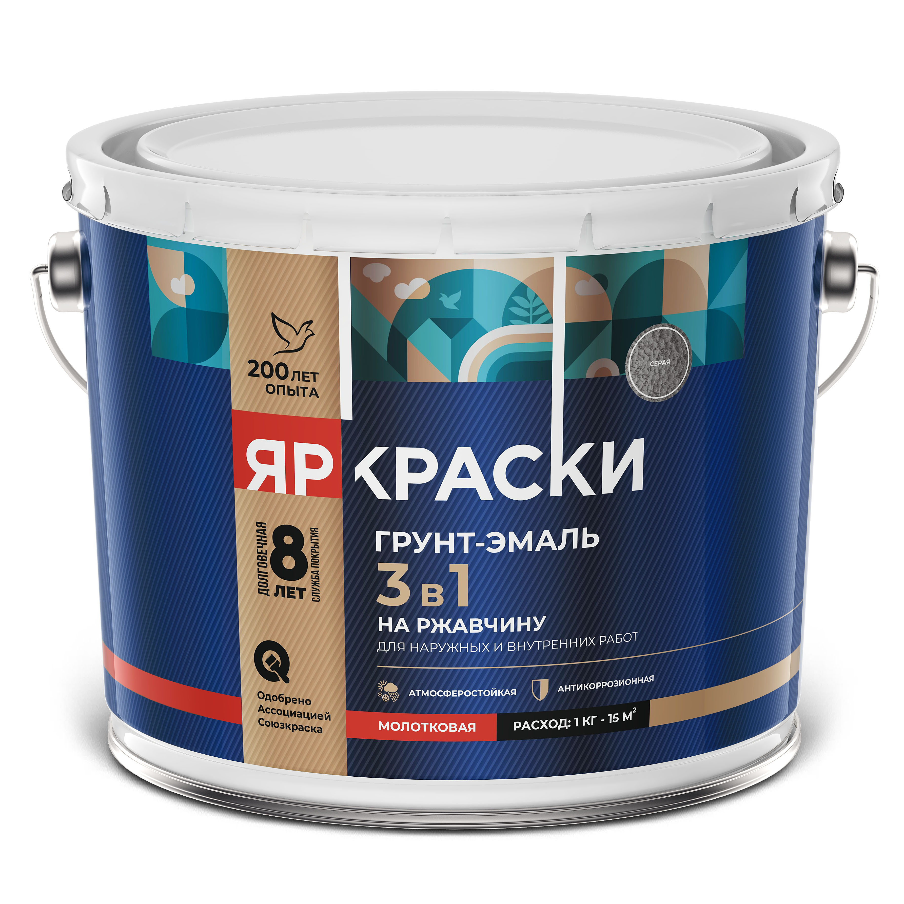 Изображение товара Грунт-эмаль ЯРКРАСКИ на ржавчину 3 в 1 молотковая серая барабан 9 кг