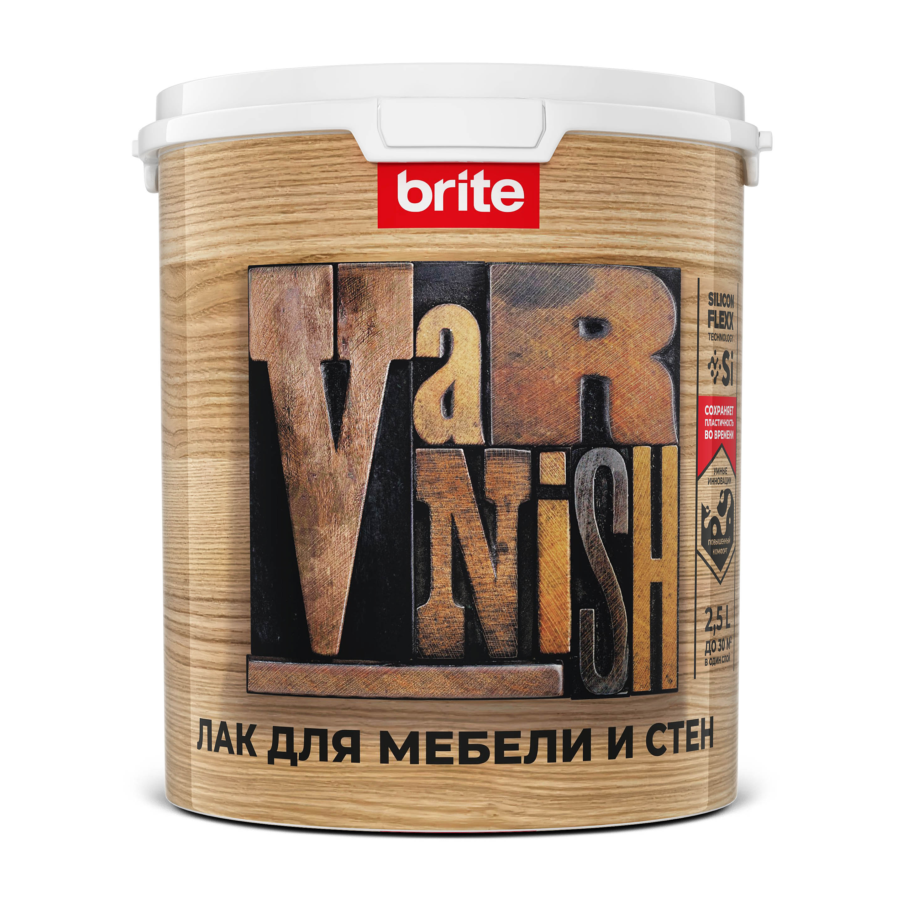 Изображение товара Лак BRITE FLEXX для мебели и стен акриловый полуматовый,ведро 2,5 л
