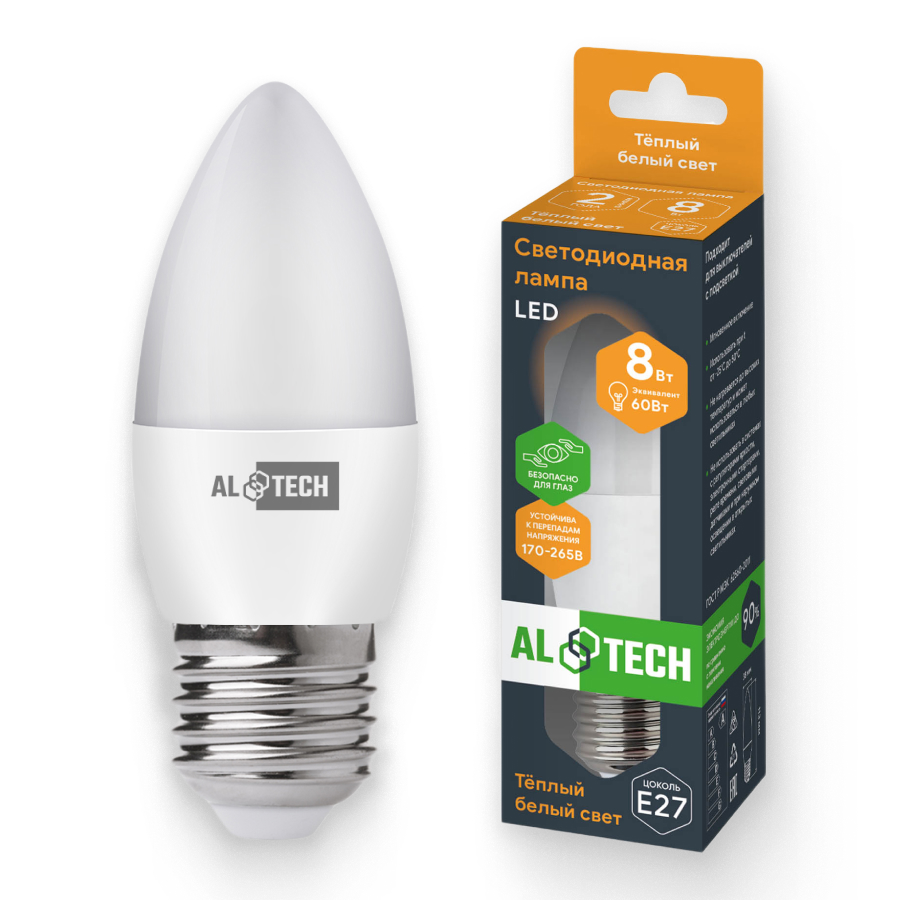 Изображение товара Светодиодная лампа ALTECH LED 8Вт 3000К E27 свеча