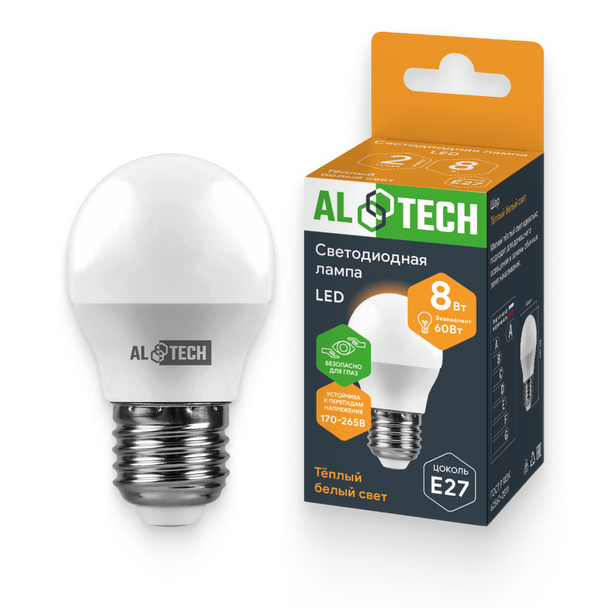 Изображение товара Светодиодная лампа ALTECH LED 8Вт 3000K E27 Шар