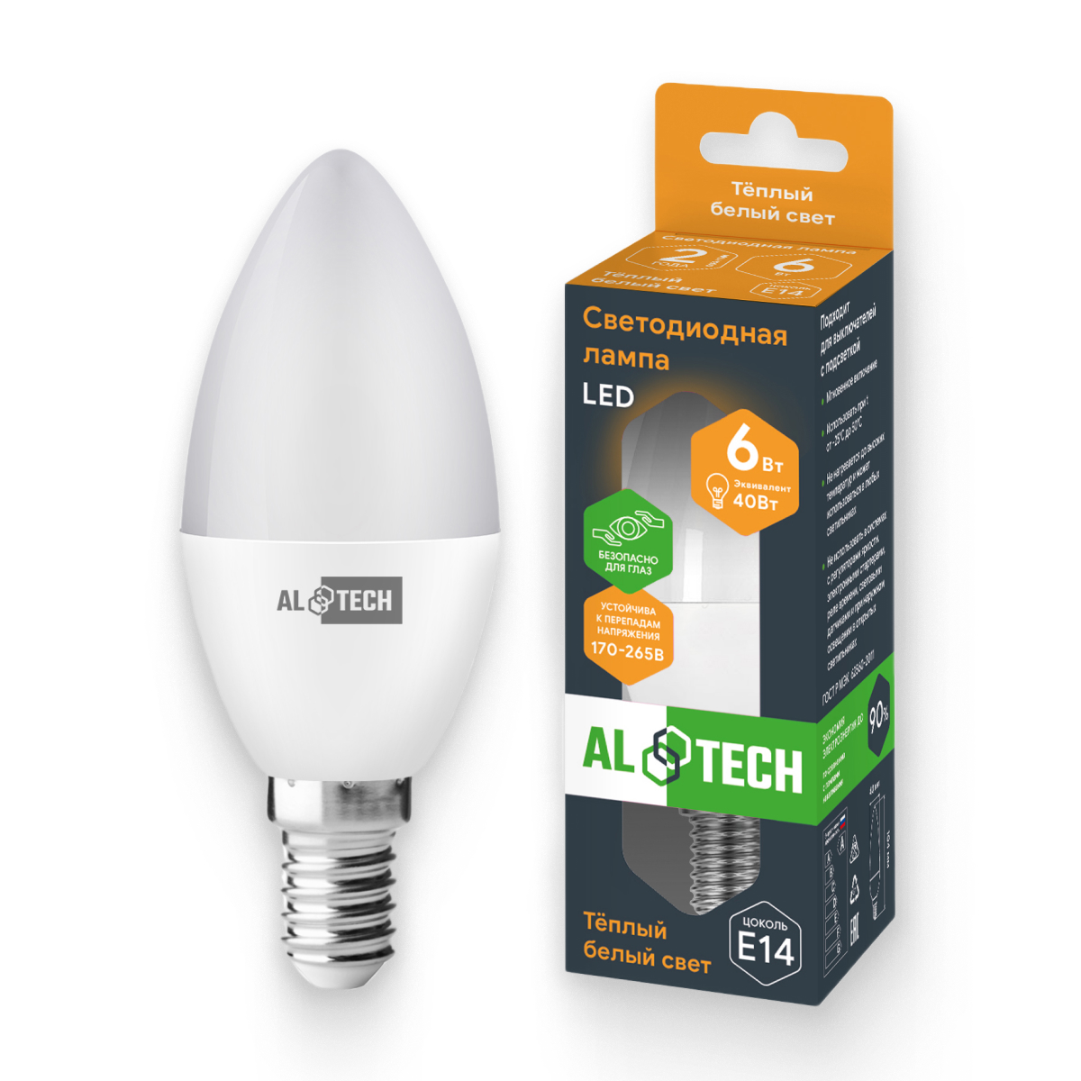 Изображение товара Светодиодная лампа ALTECH 6Вт 3000К E14 свеча белая
