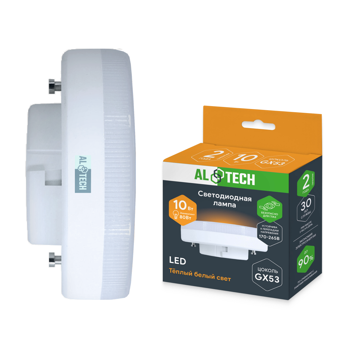 Изображение товара Светодиодная лампа ALTECH LED 10Вт 3000К GX53 теплый свет надежное освещение