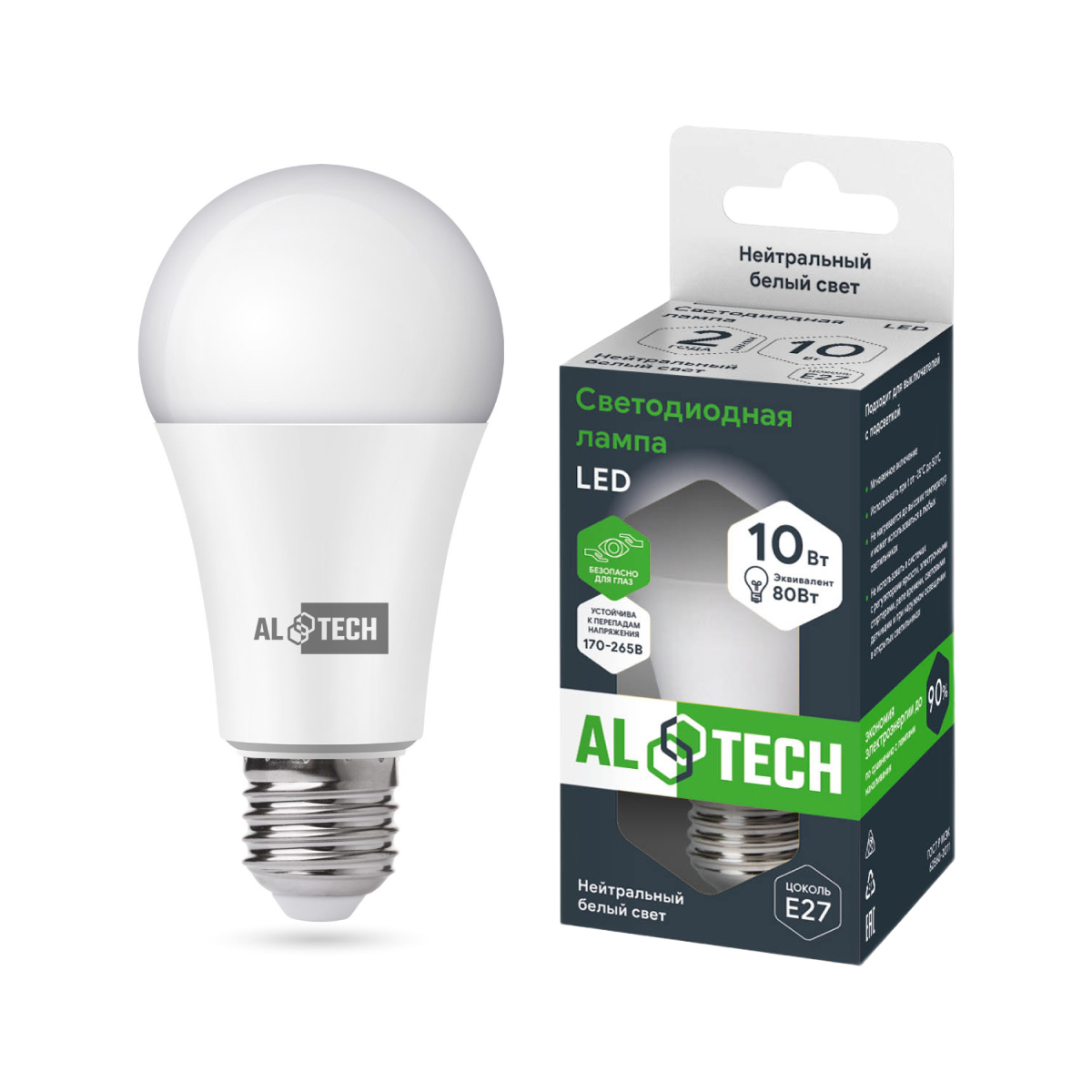 Изображение товара Лампочка светодиодная ALTECH LED 10Вт 4000К E27 Груша с нейтральным светом