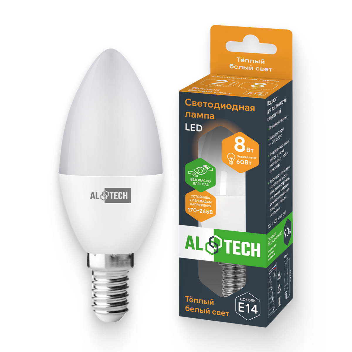 Изображение товара Лампочка светодиодная ALTECH LED 8Вт 3000К 760Лм E14 Свеча