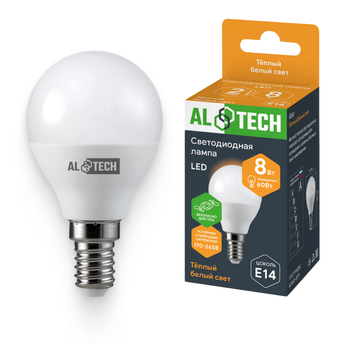 Изображение товара Лампочка светодиодная ALTECH LED 8Вт 3000К E14 Шар для освещения