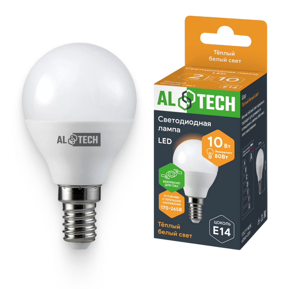 Изображение товара Лампочка светодиодная ALTECH LED 10Вт 3000К 900Лм E14 Шар