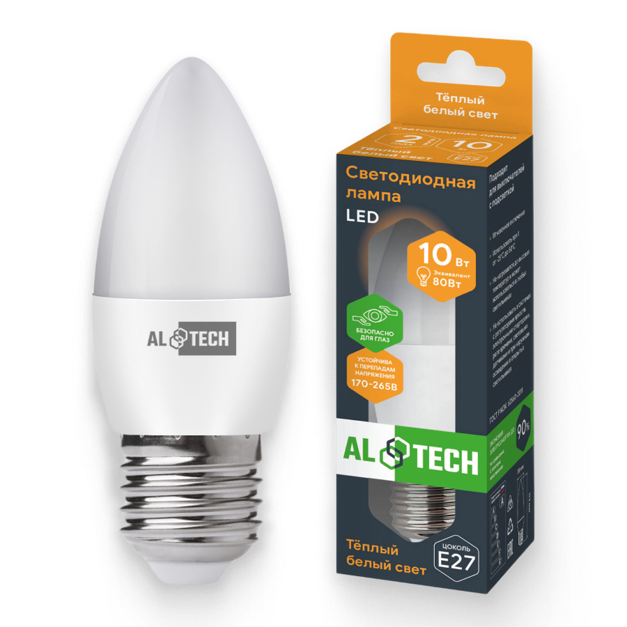Изображение товара Лампочка светодиодная ALTECH LED 10Вт 3000К 960Лм E27 Свеча