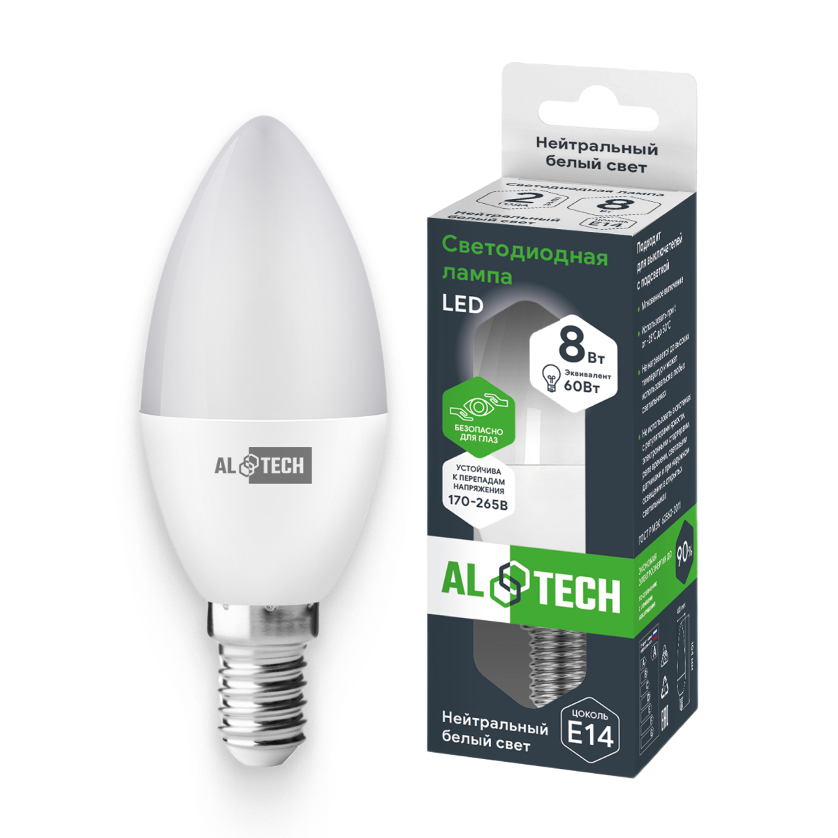 Изображение товара Светодиодная лампа ALTECH LED 8Вт 4000К E14 свеча нейтральный свет
