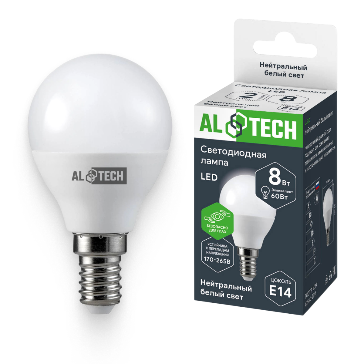 Изображение товара Лампочка светодиодная ALTECH LED 8Вт 4000К 720Лм E14 Шар