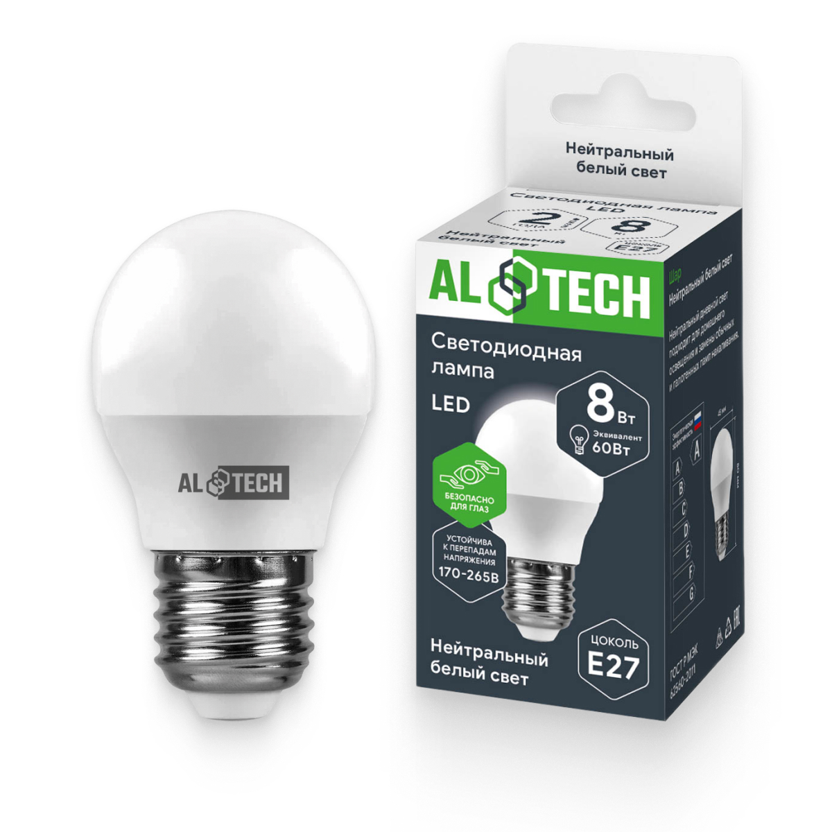 Изображение товара Лампочка светодиодная ALTECH LED 8Вт 4000К 720Лм E27 Шар