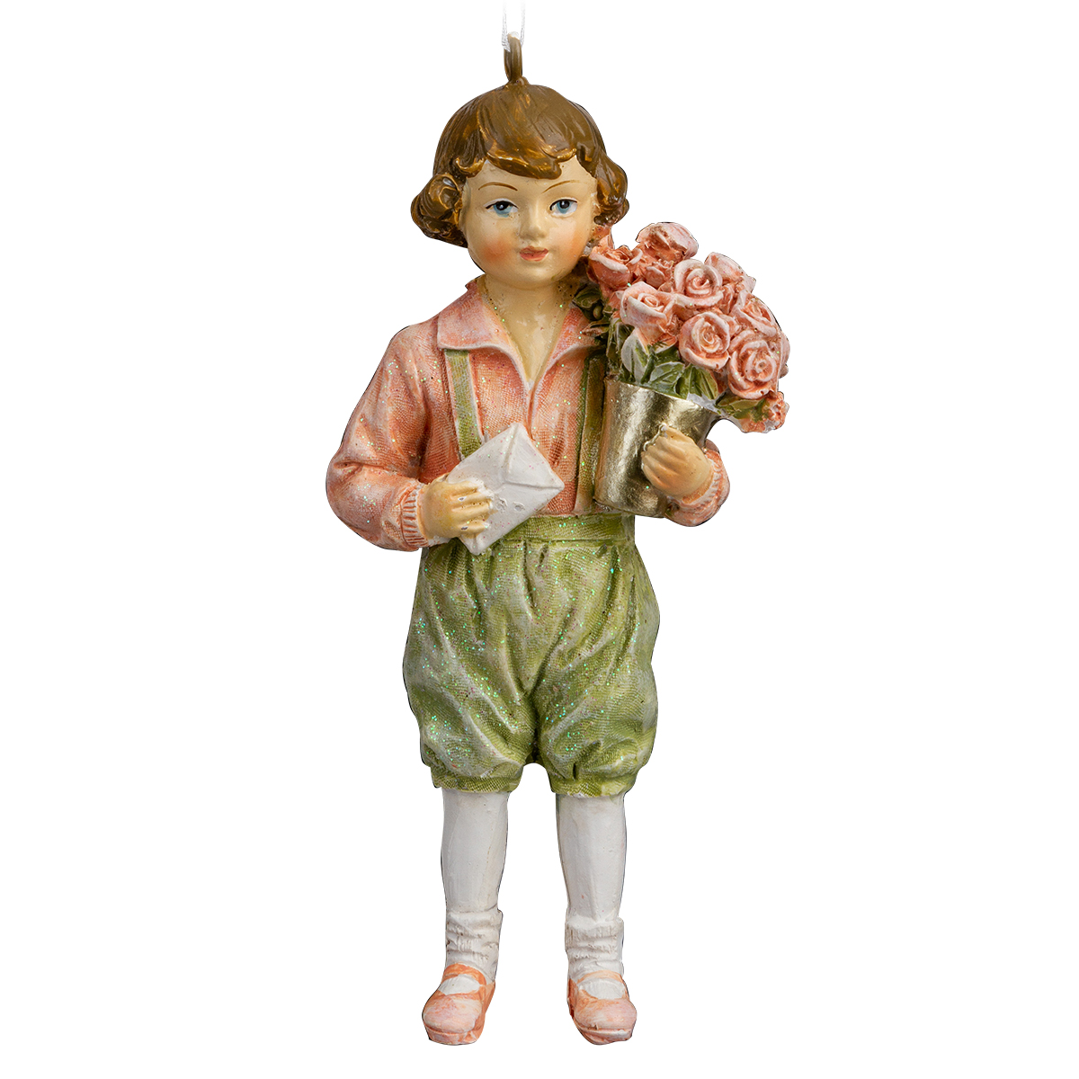 Изображение товара Украшение для ёлки Мальчик с цветами 10.5см стопка стильное новогоднее украшение