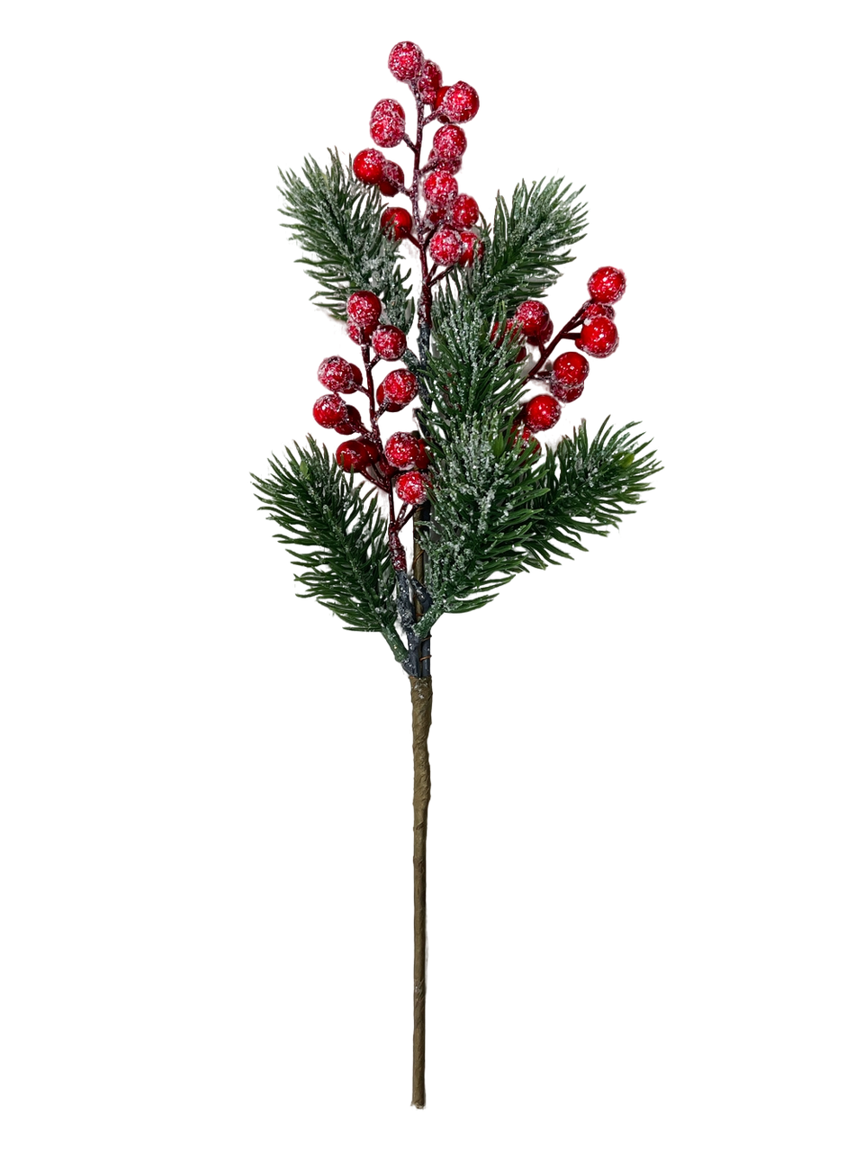 Изображение товара Ветка еловая с красными ягодами 35 см заснеженная в блестках