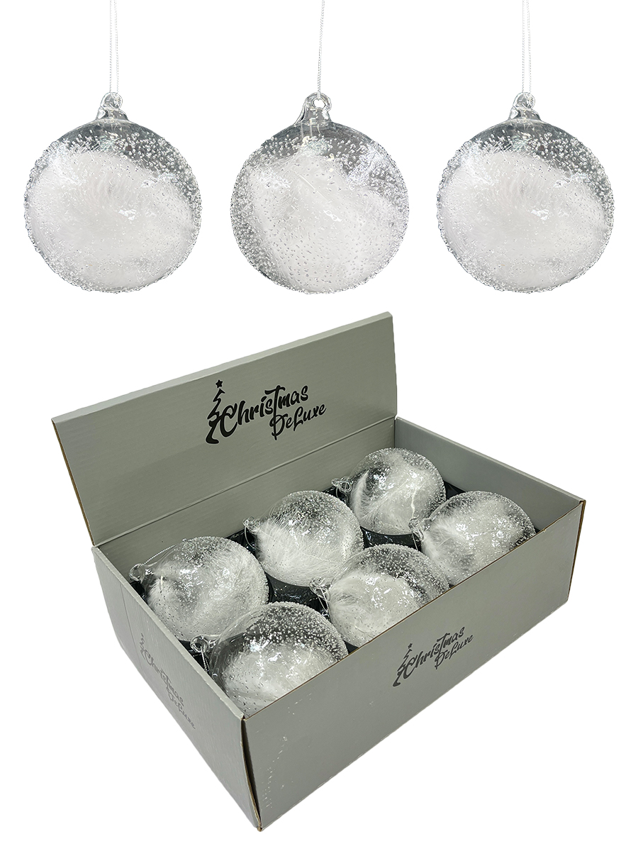 Изображение товара Елочная игрушка 10см шар прозрачный с белым пером внутри стекло