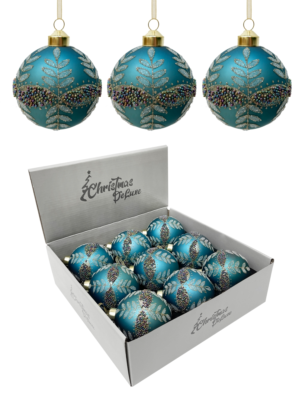 Изображение товара Елочная игрушка 8см шар 3 вида бирюзовый с узором бисером стекло