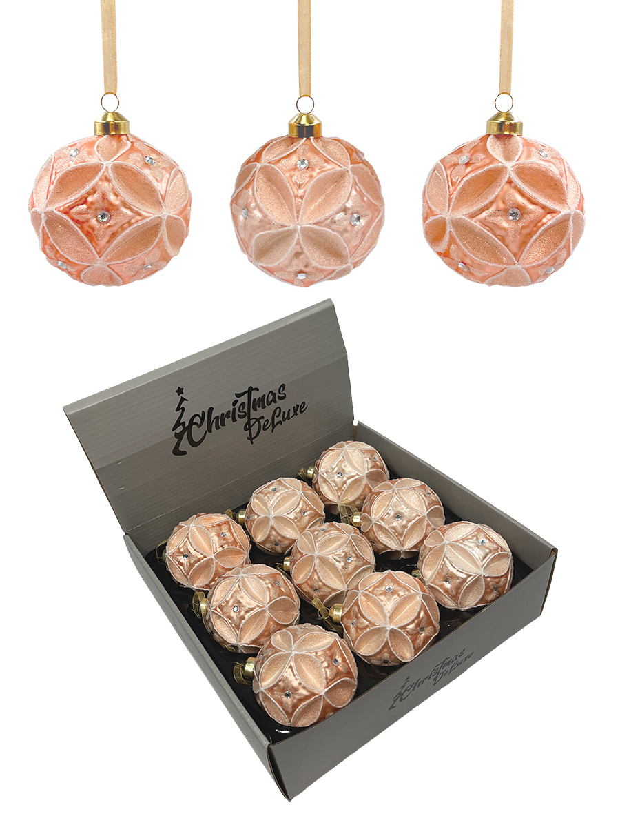 Изображение товара Елочная игрушка в дисплее 8см шар резной персиковый со стеклярусом стекло