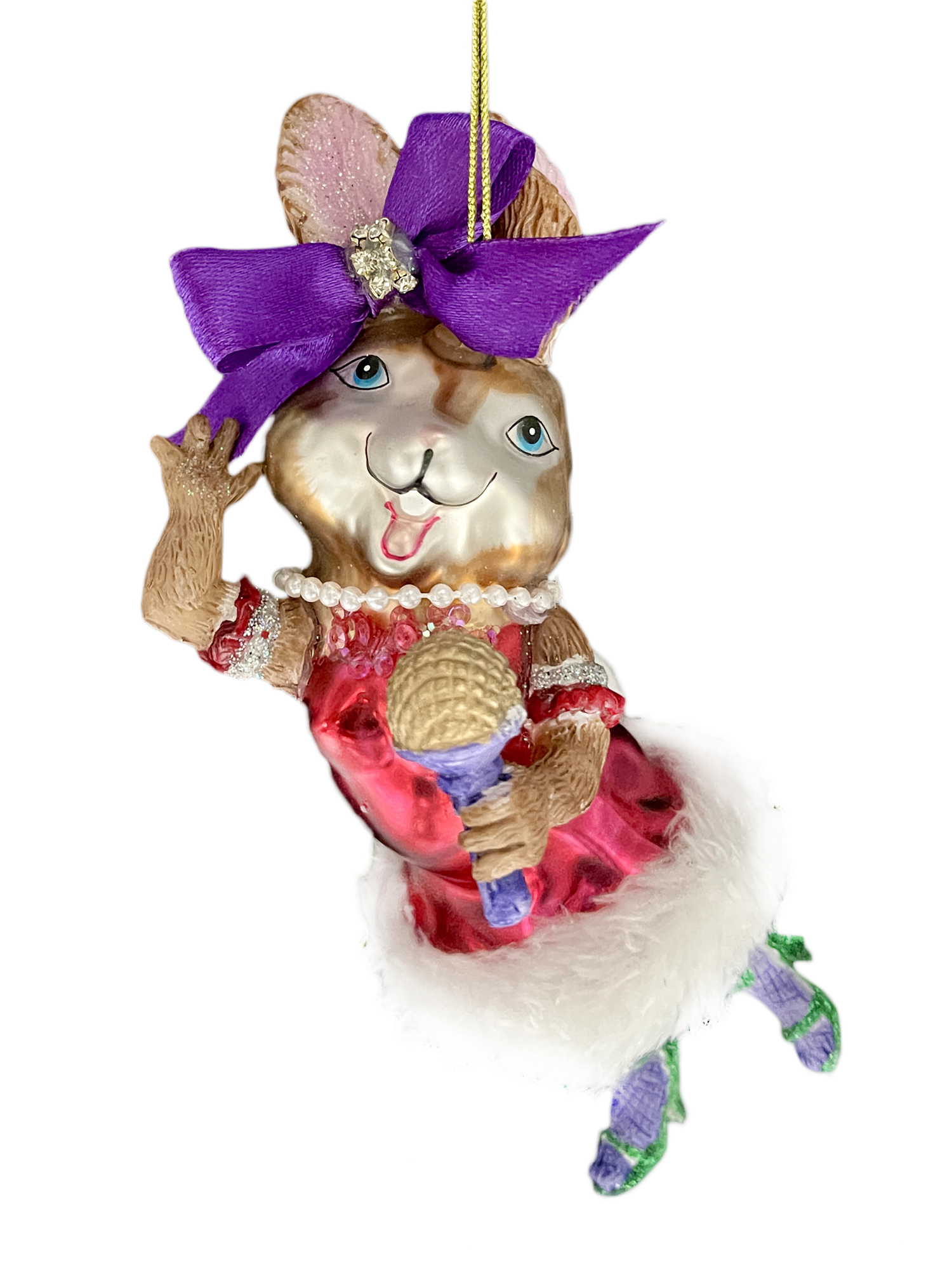 Изображение товара Елочная игрушка зайка с фиолетовым бантом 16см стекло