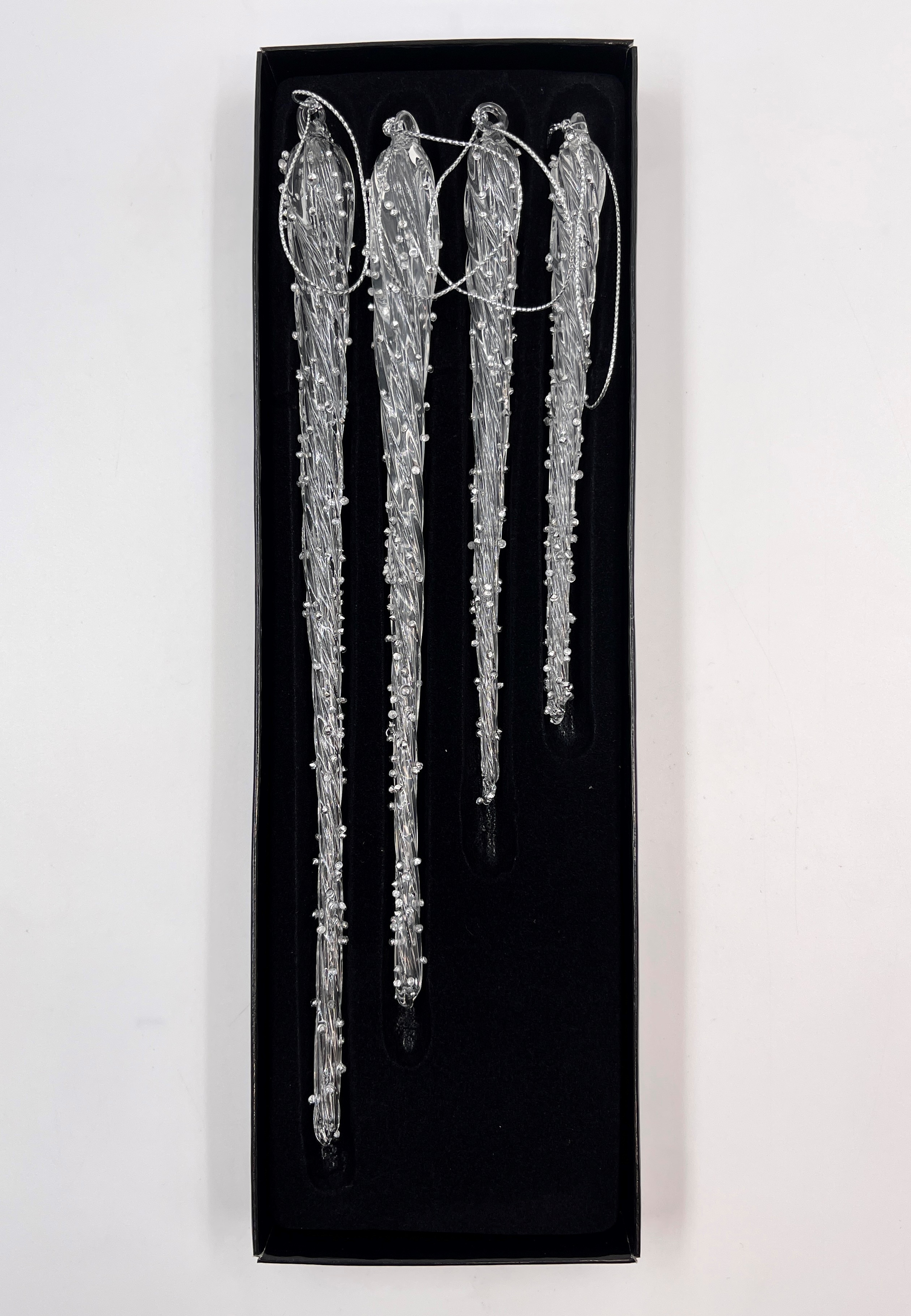 Изображение товара Елочная игрушка НАБОР их 4-х прозрачных стеклянных сосулек с блеском 26,5см/22см/18,5cм/15,5cм стекло