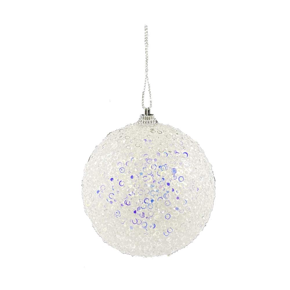 Изображение товара Елочная игрушка шар 10см белый с фиолетовыми пайетками пенопласт