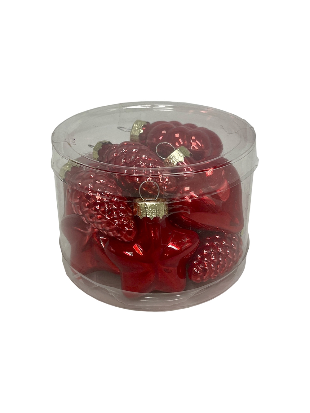 Изображение товара Набор стеклянных украшений 4см 12шт шишка/звезда/сердце/цветок красный перламутр  в тубусе