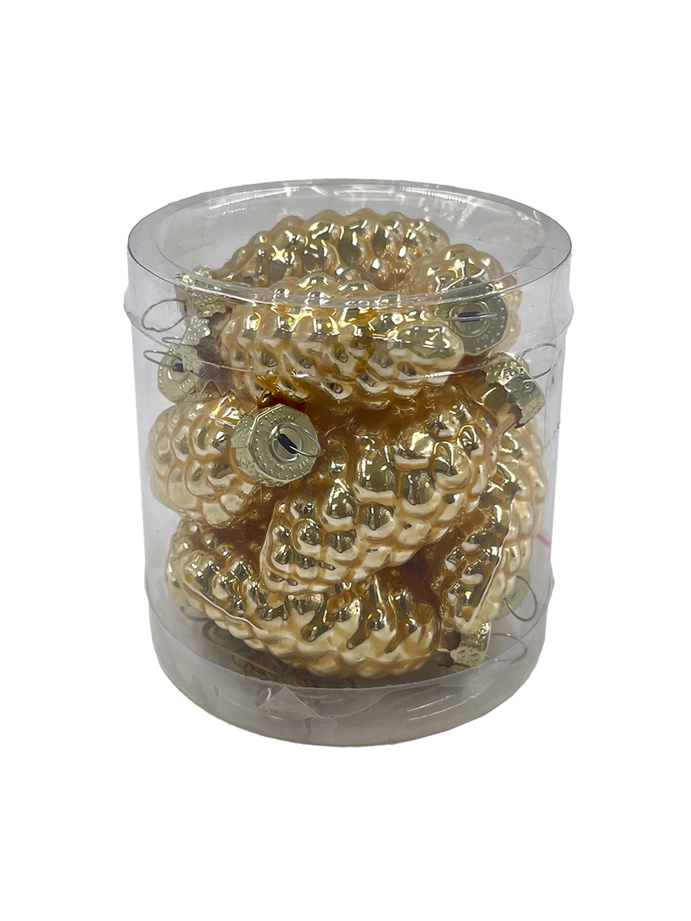 Изображение товара Набор стеклянных украшений шишка 6см золото 12 шт. в прозрачной упаковке