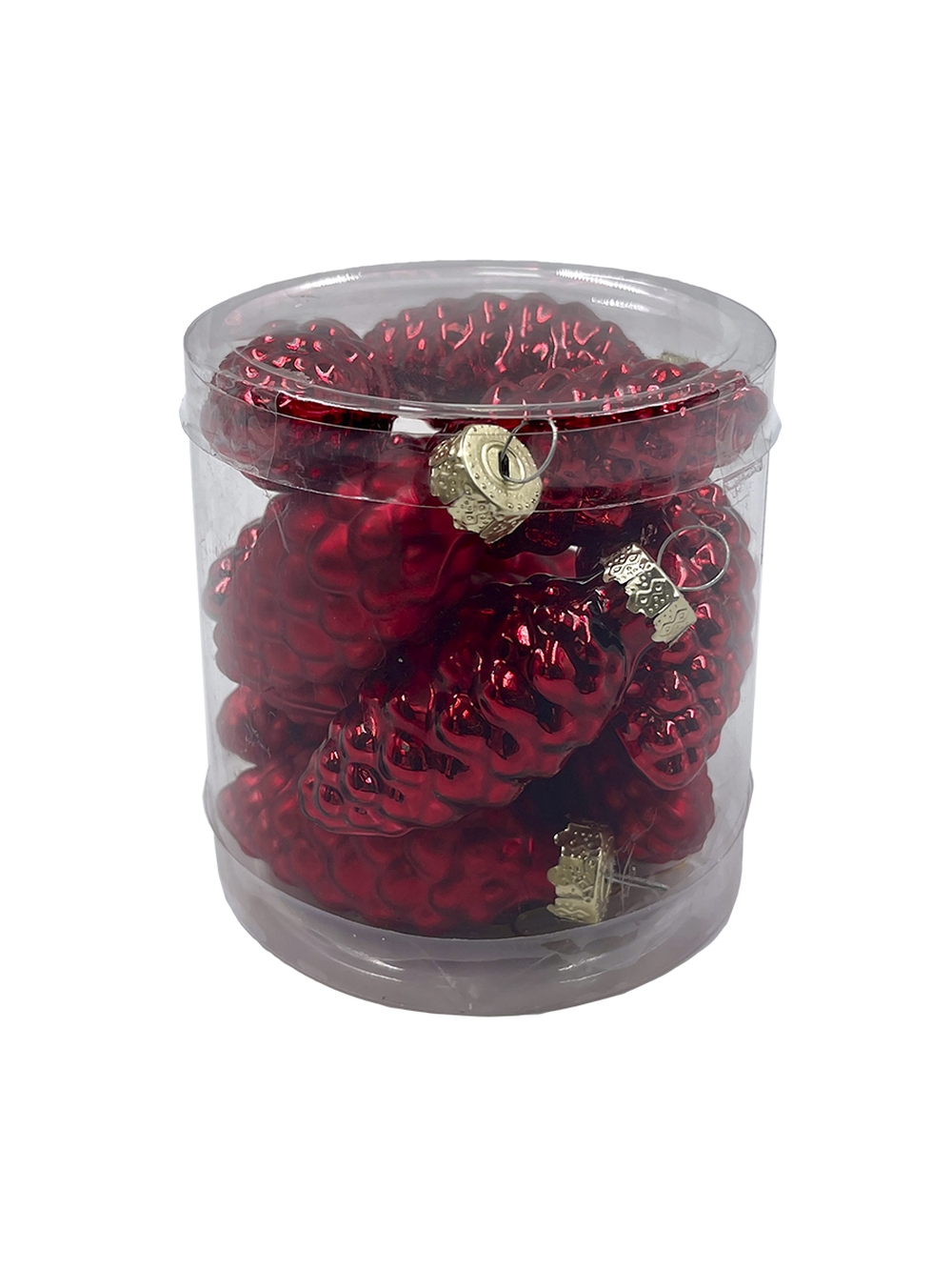 Изображение товара Набор стеклянных украшений шишка 6см красный 12 шт. в прозрачной упаковке