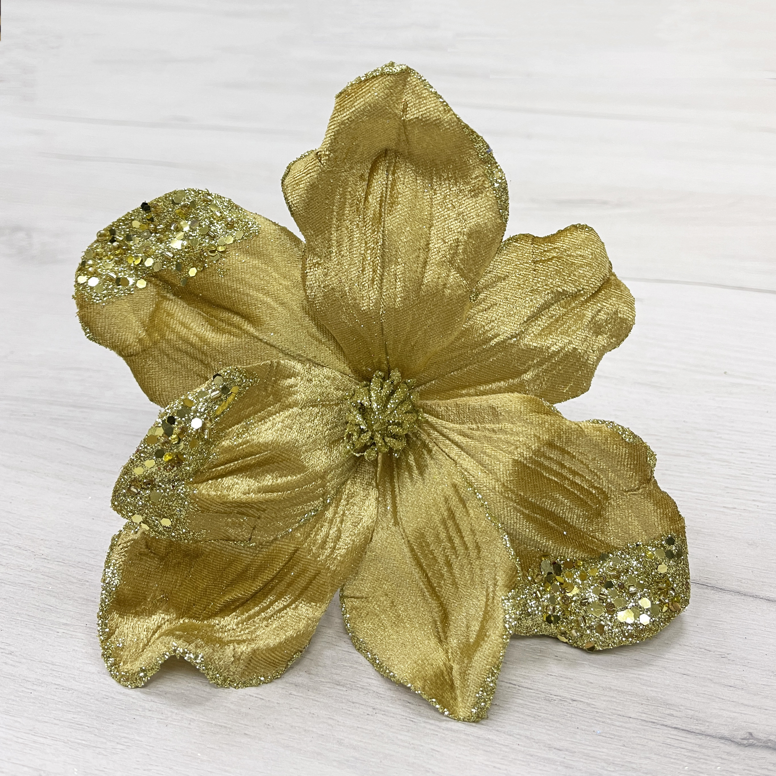 Изображение товара Цветок магнолия золото с блестками 23 см на клипсе полиэстер