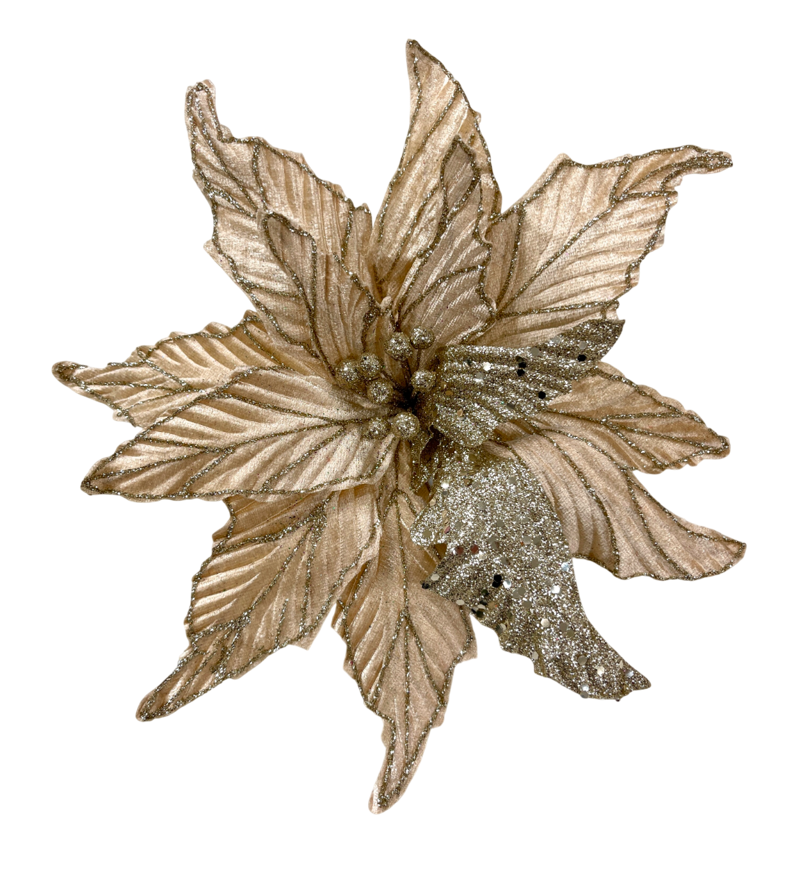 Изображение товара Цветок пуансеттия шампань 30 см на клипсе полиэстер