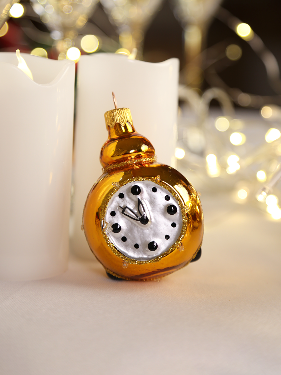 Изображение товара Ёлочное украшение "Часы - будильник", золотой, в подарочной упаковке h- 8,5 см