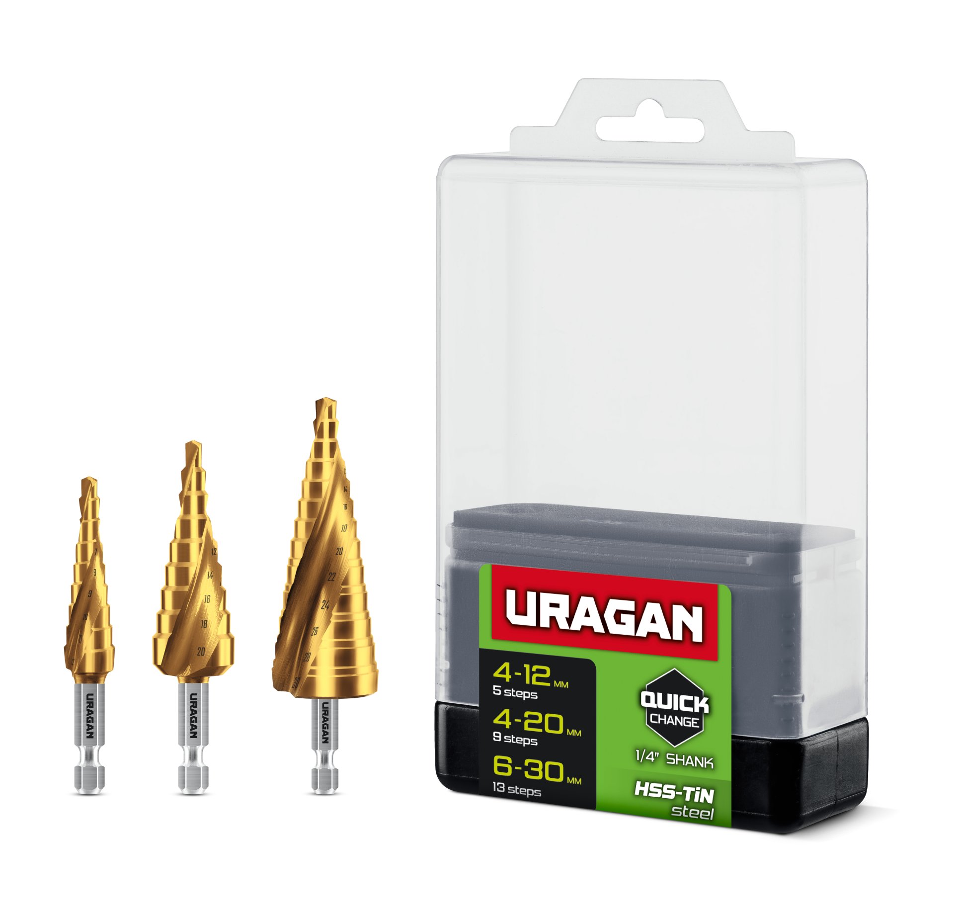 Изображение товара Набор сверл ступенчатых URAGAN 29658-4-30-H3 для точного сверления