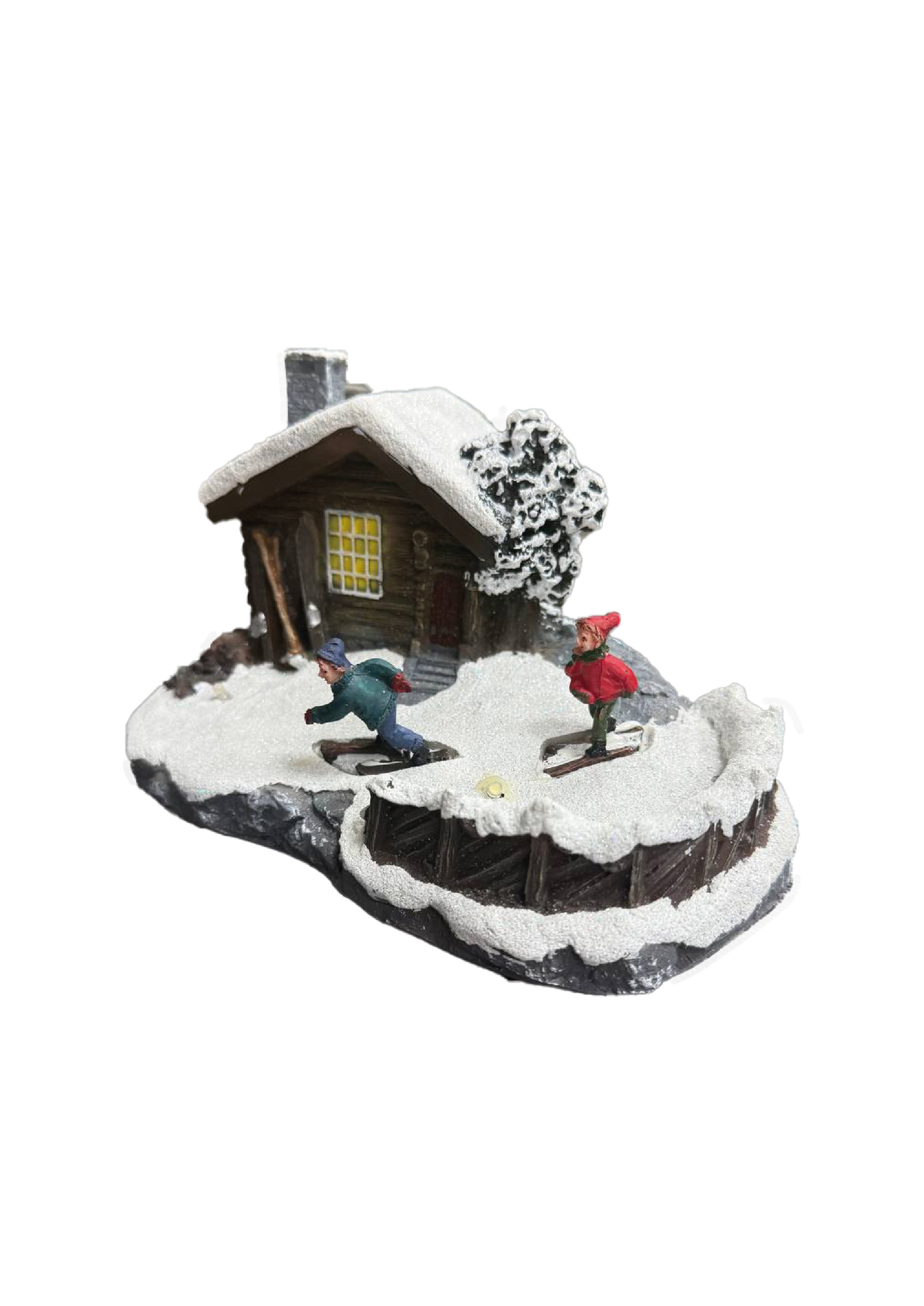 Изображение товара Новогодняя сценка Домик и дети на лыжах LED, светящаяся праздничная декорация 19.5х13.5х11.5 см