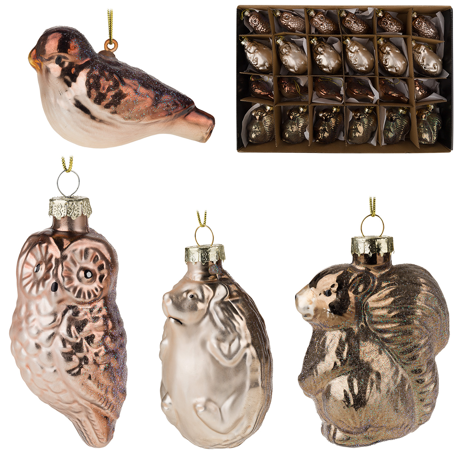 Изображение товара Елочная игрушка в виде животных из стекла - сова, еж, белка