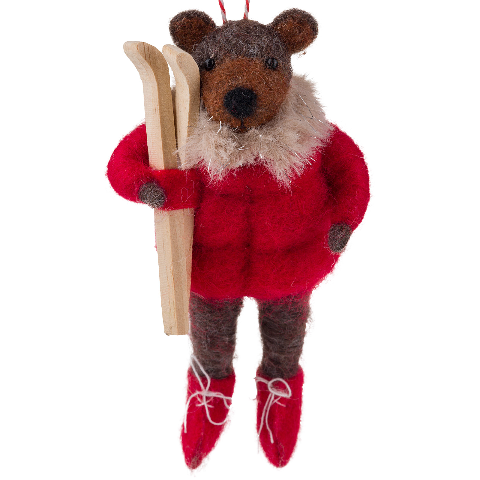 Изображение товара Елочная игрушка Медведь в красной куртке с лыжами войлок 8x6xH15 см