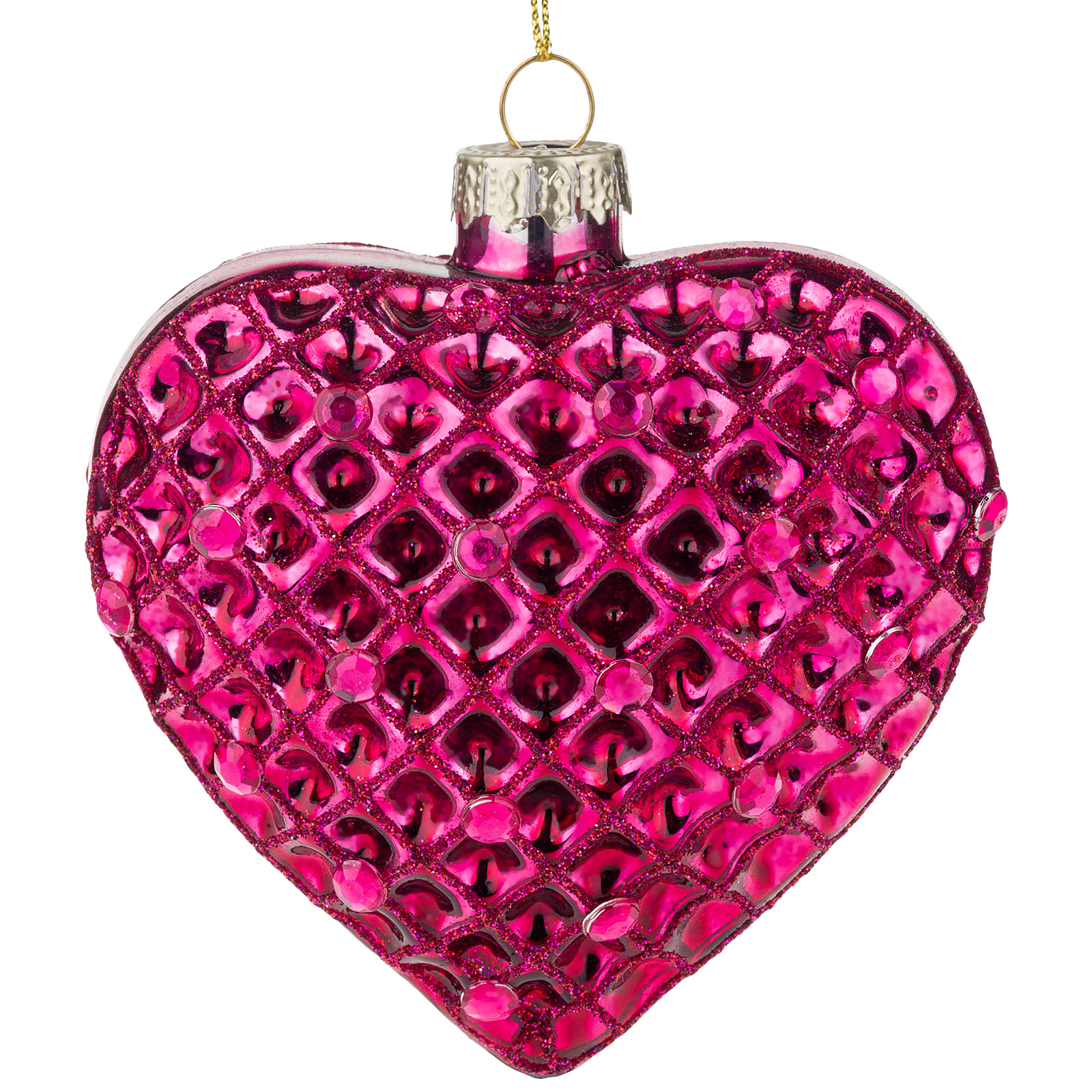 Изображение товара Елочная игрушка сердце из стекла 9x8 см ярко-розовая с блестками