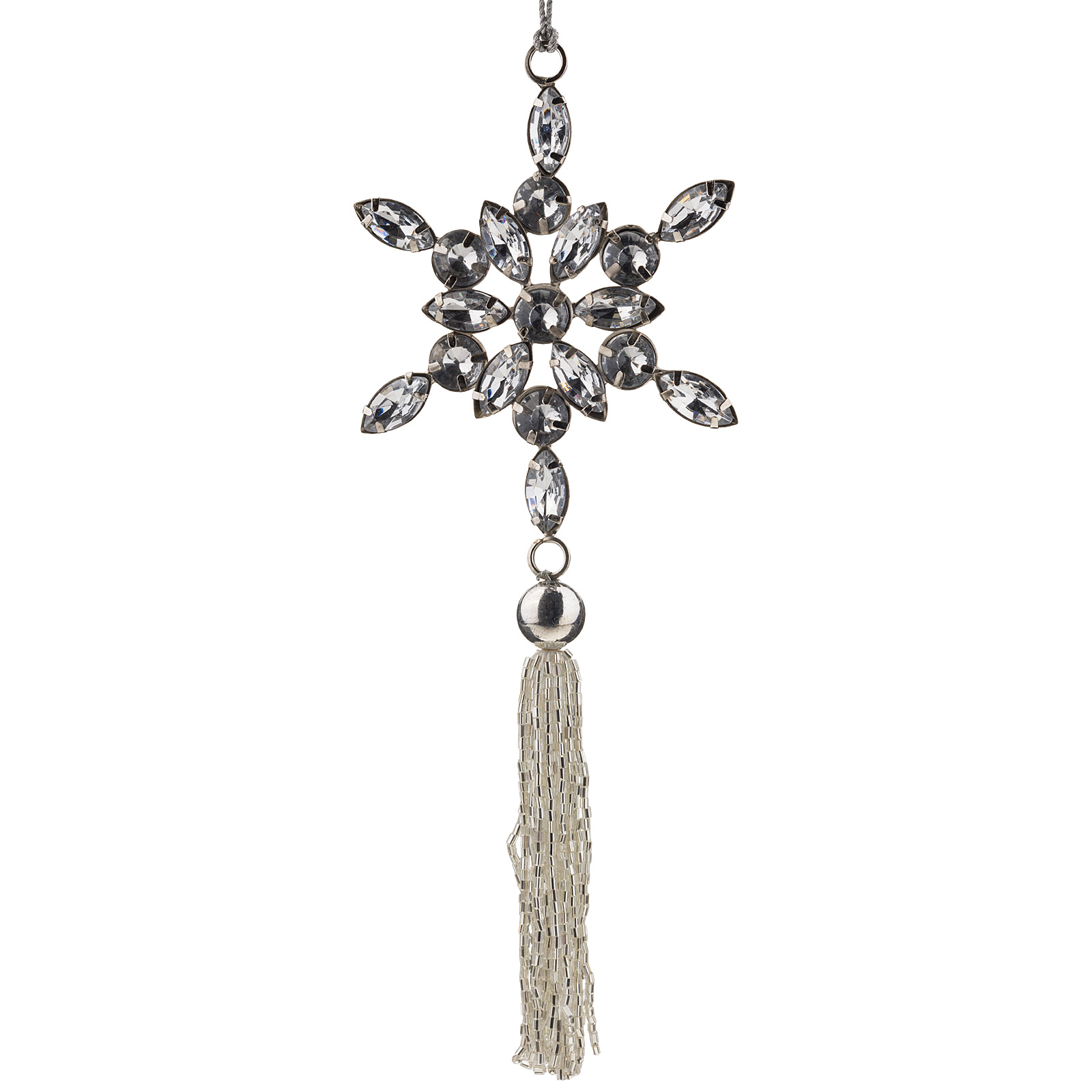 Изображение товара Елочная игрушка Снежинка с кисточкой металл стразы D13 см
