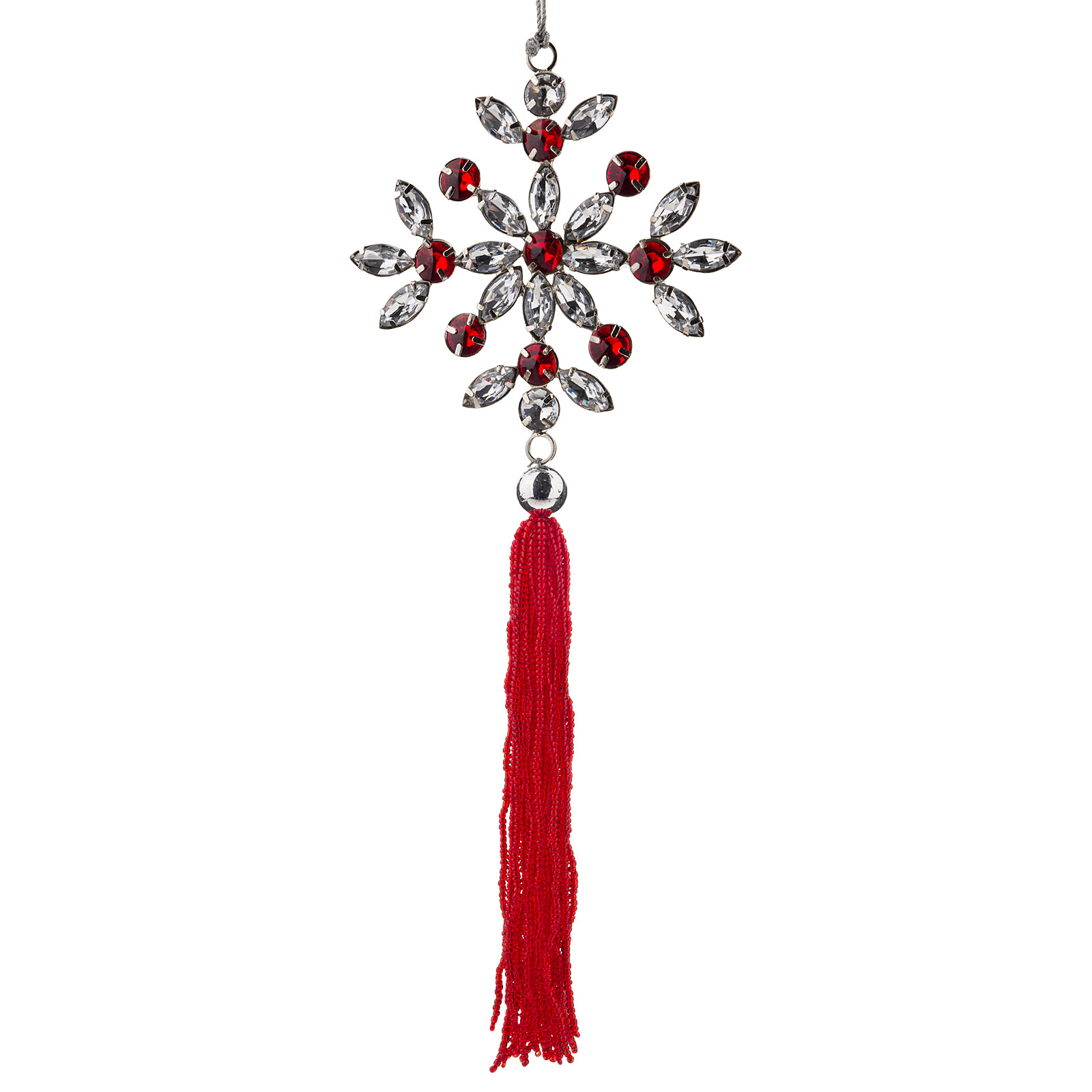 Изображение товара Элегантная елочная игрушка снежинка с кисточкой из металла со стразами D13xH31 см