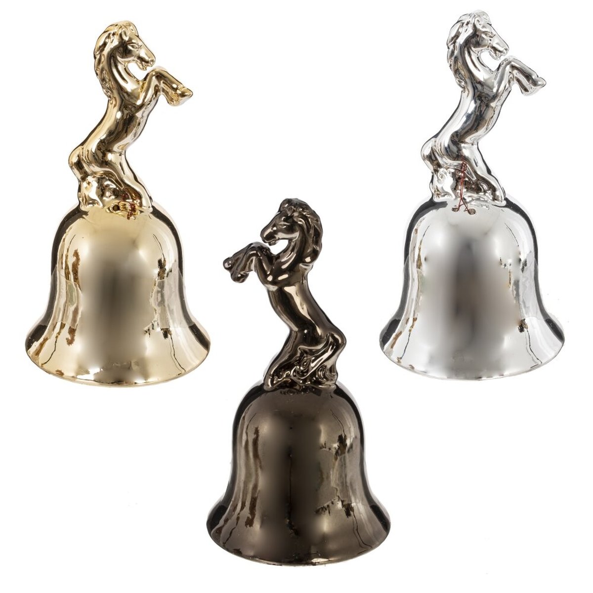 Изображение товара Фарфоровый колокольчик с фигуркой лошадки коричневый 12 см для интерьера и подарка