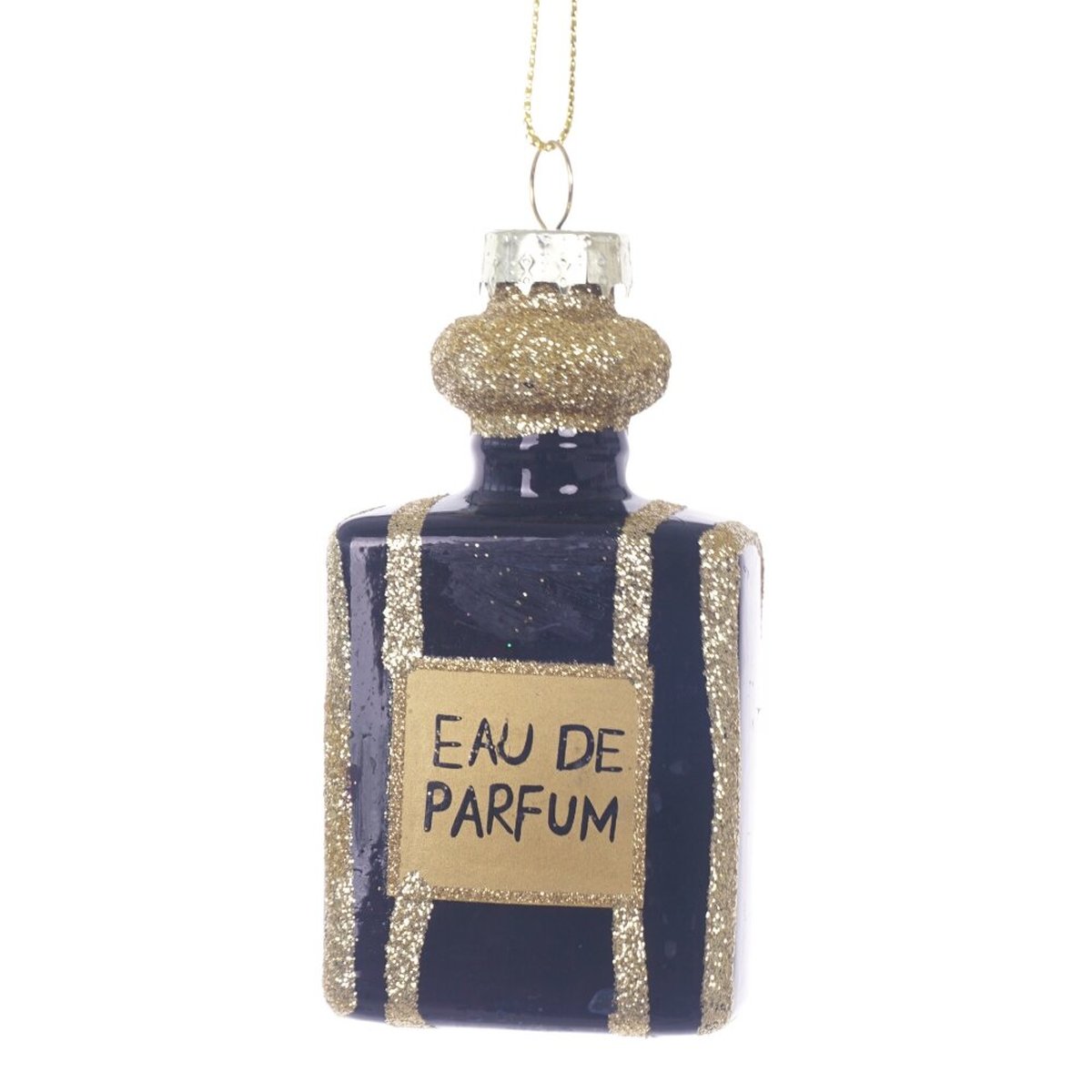 Изображение товара Новогоднее украшение из стекла в виде флакона духов фиолетово-золотой цвет