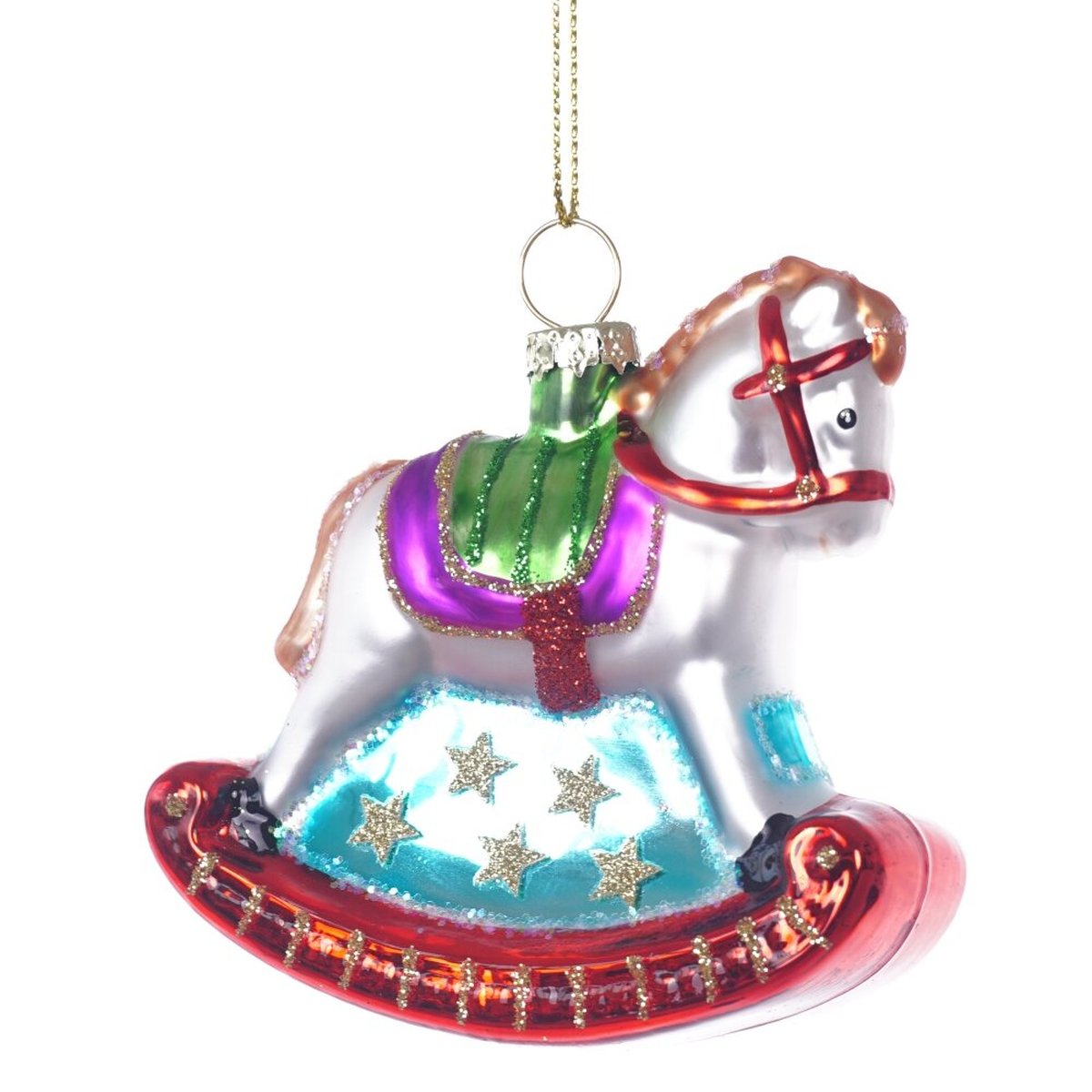 Изображение товара Новогоднее стеклянное украшение Лошадка-качалка белое с золотом 8 см