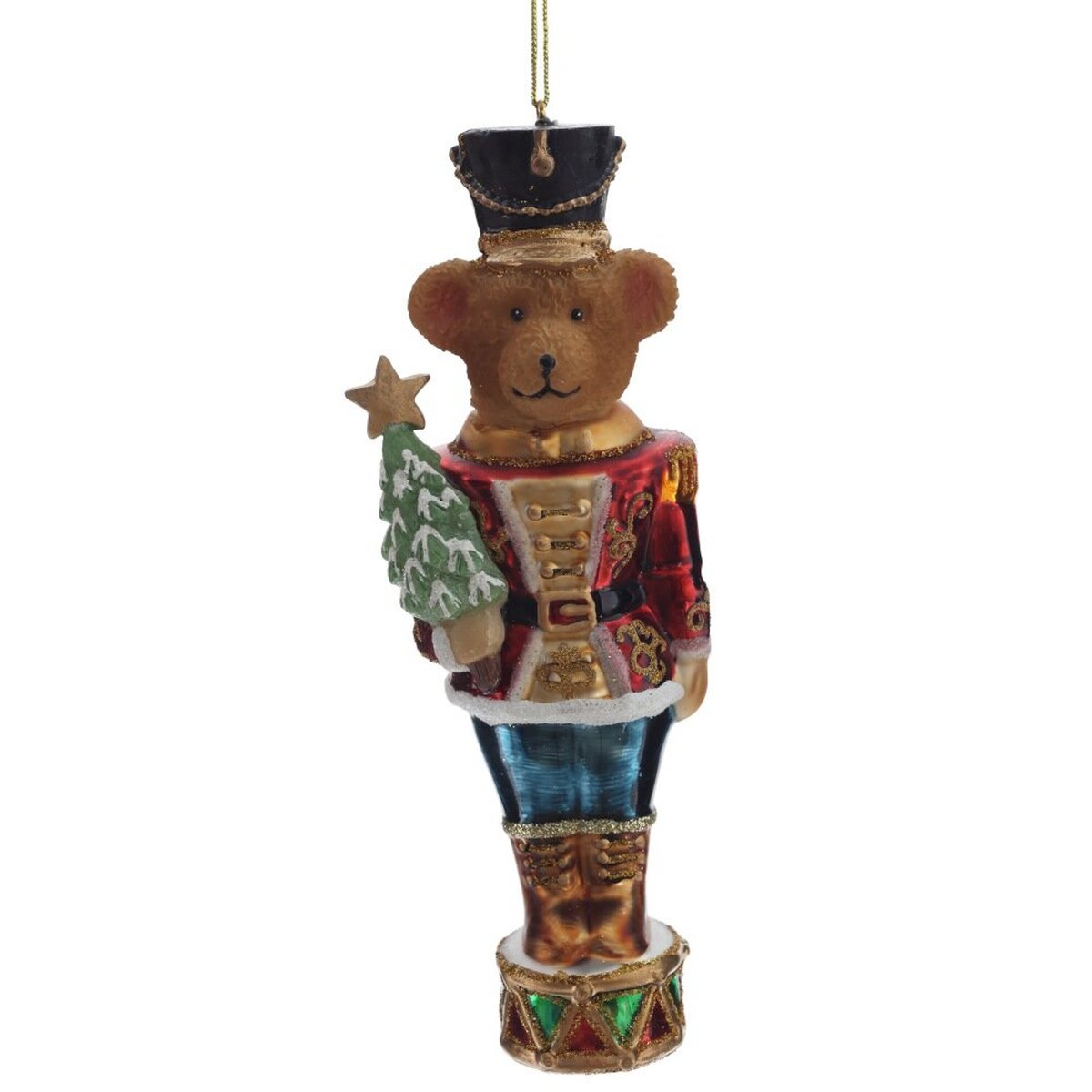 Изображение товара Новогоднее стеклянное украшение Медвежонок-солдатик 16 см коричневое