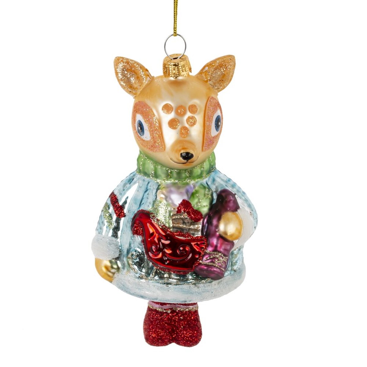 Изображение товара Новогоднее украшение оленёнок стеклянное в зимней шубке многоцветное L7 W65 H13 см