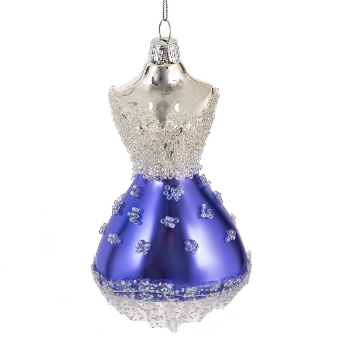 Изображение товара Новогоднее стеклянное украшение в виде платья диаметром 12 см фиолетовое