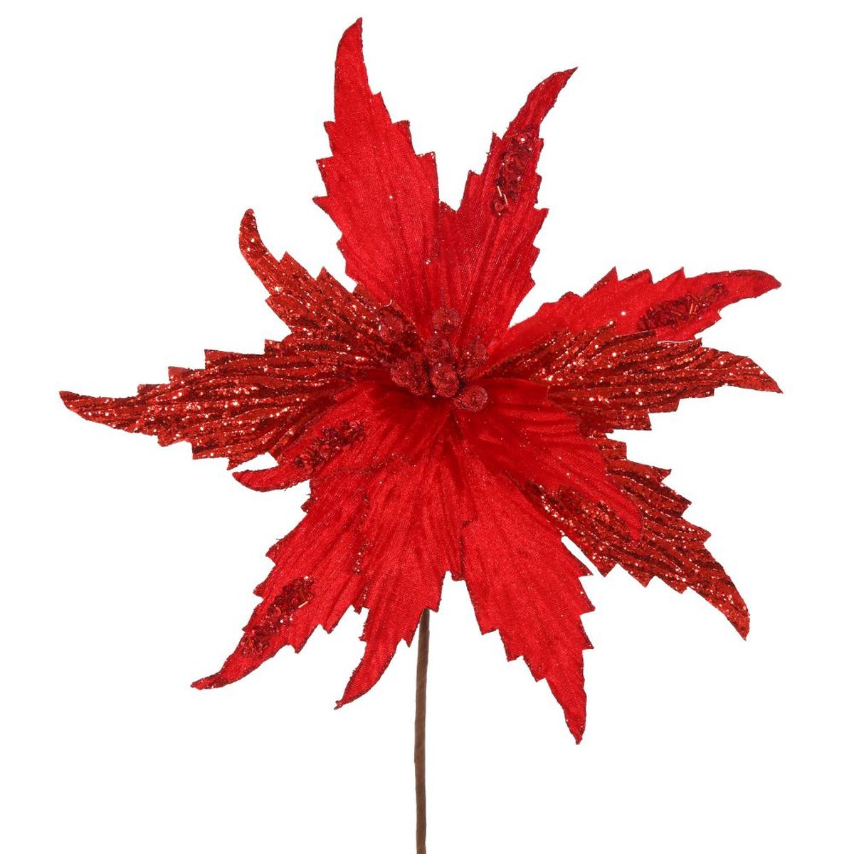 Изображение товара Искусственная Пуансеттия L32 W32 H41 см с блестками и светящимися огоньками для праздничного декора